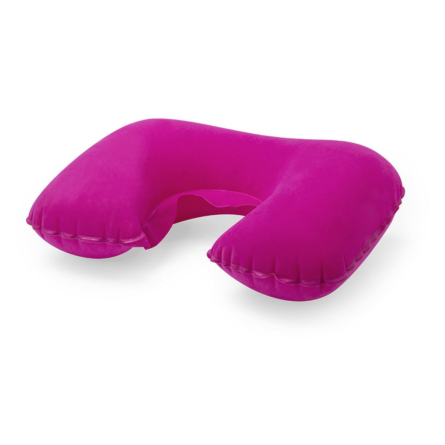 Un cuscino gonfiabile rosa da viaggio su sfondo bianco.