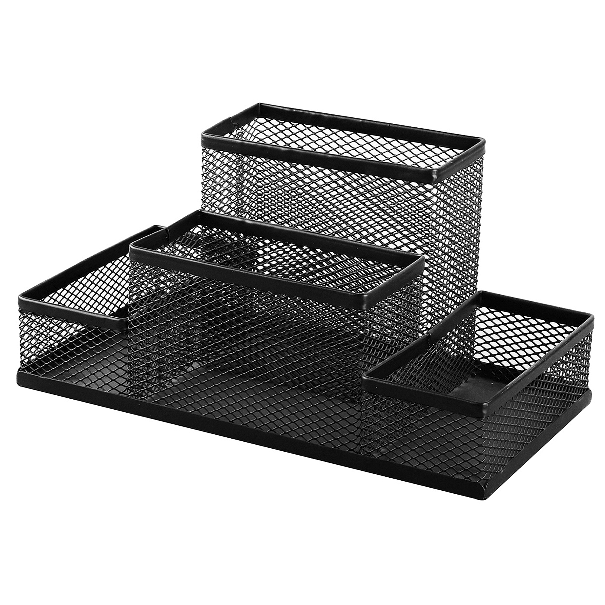 Organizzatore da scrivania in rete nera con quattro scomparti di altezze variabili.
