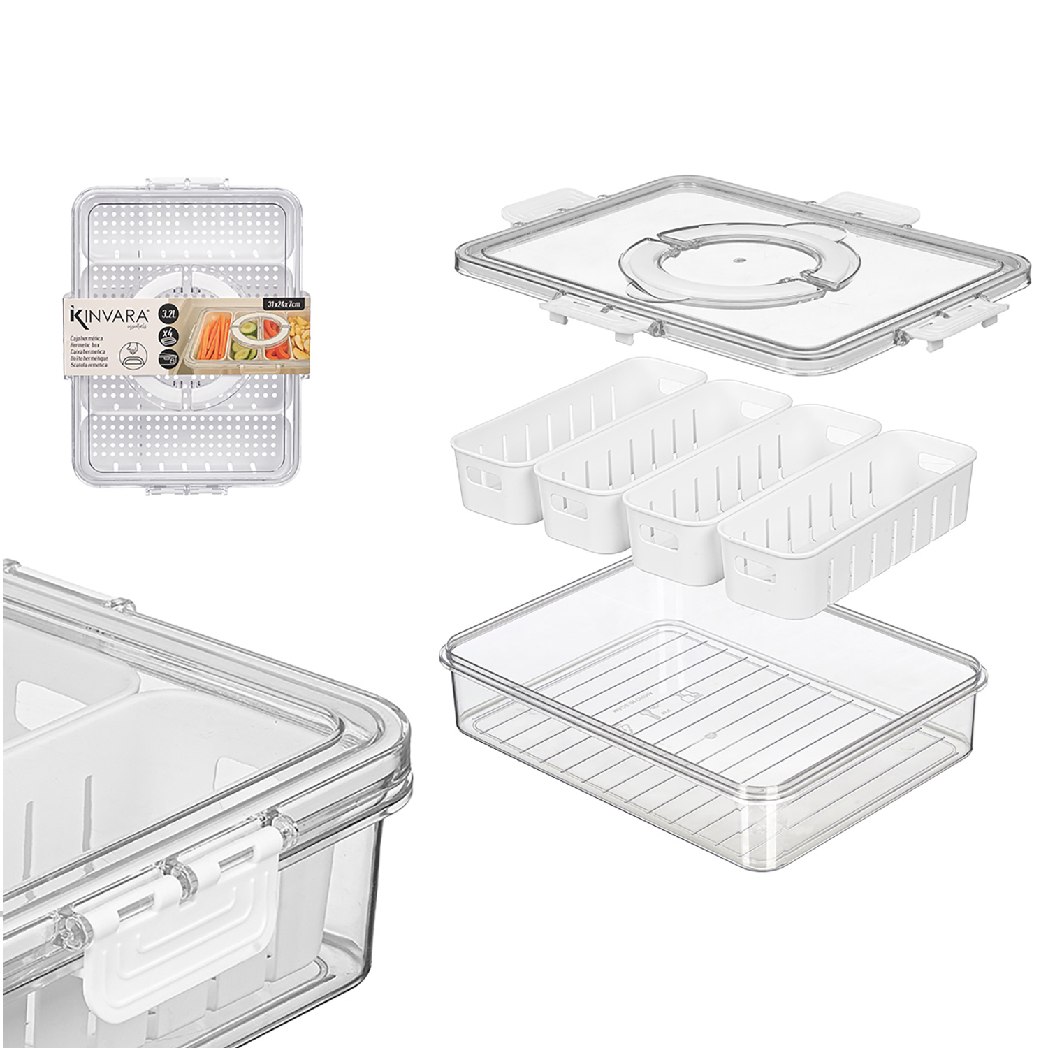 Contenitore ermetico in plastica trasparente con divisori e coperchio. Con etichetta.
