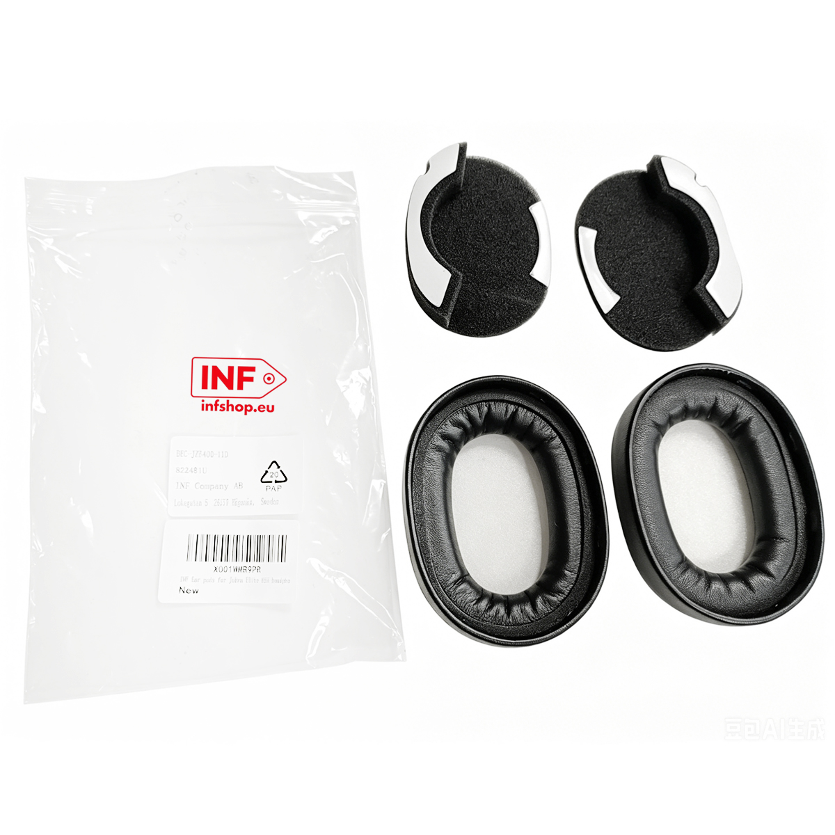 A packaged pair of earpads and two individual replacement earpads.