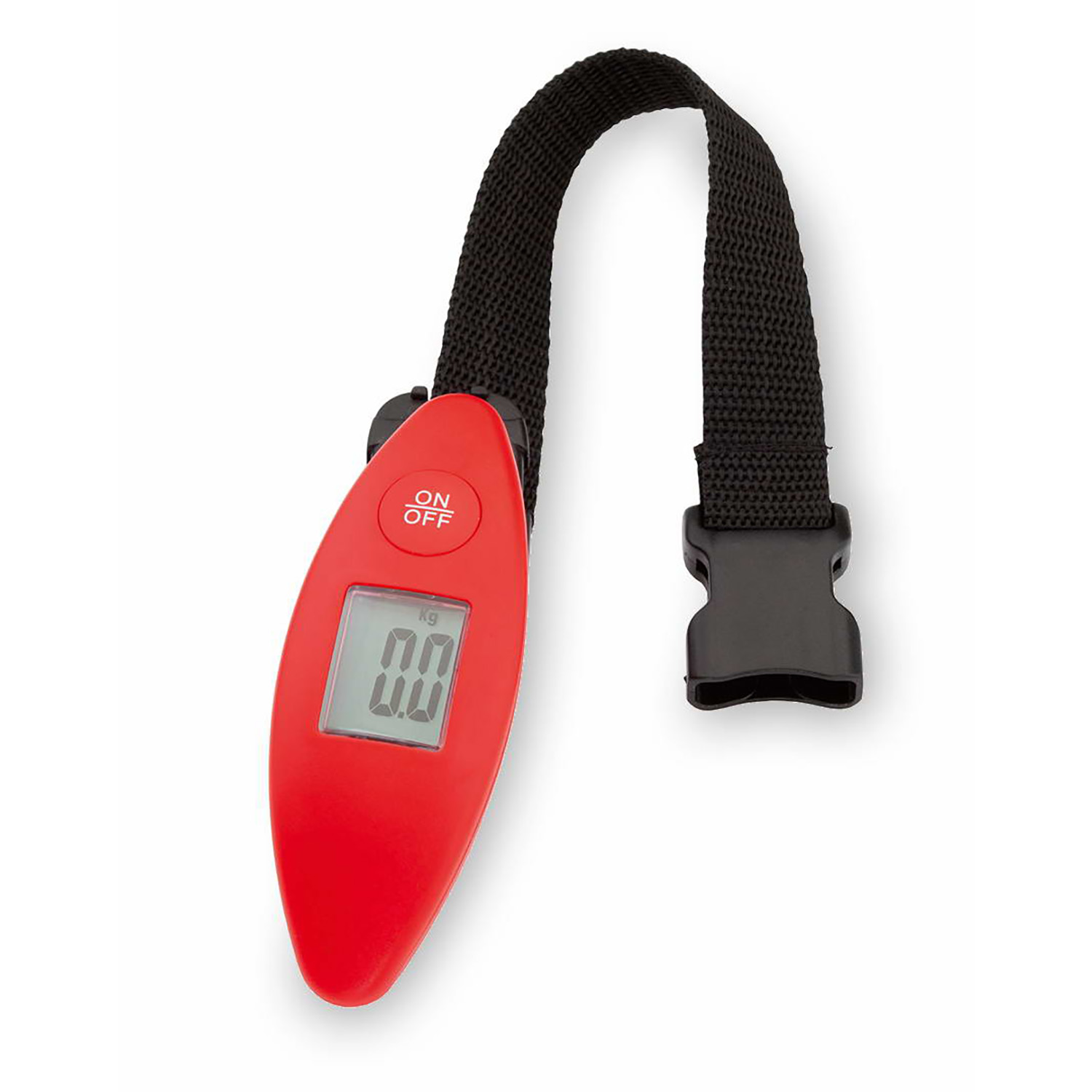 Bilancia da bagaglio rossa con cinghia e fibbia nere. Display digitale mostra 0.0 kg.