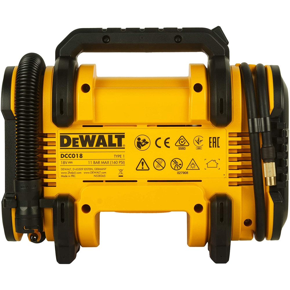 Żółty kompresor DeWalt z czarnym wężem i uchwytem. Etykieta z informacjami o modelu.