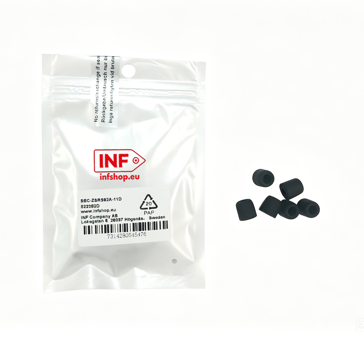 Ein Päckchen mit INF-Logo und Ohrstöpsel daneben auf weißem Grund.