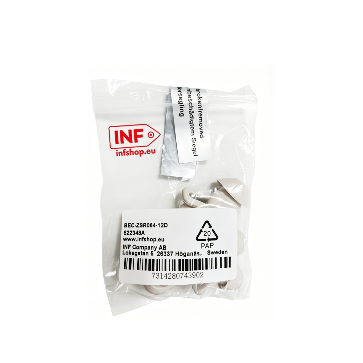 Verpackung mit beige-farbenen Clips und Produktinformationen.