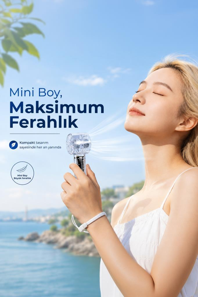 Sarışın kadın deniz kenarında mini vantilatörden gelen serin havayı keyifle soluyor.