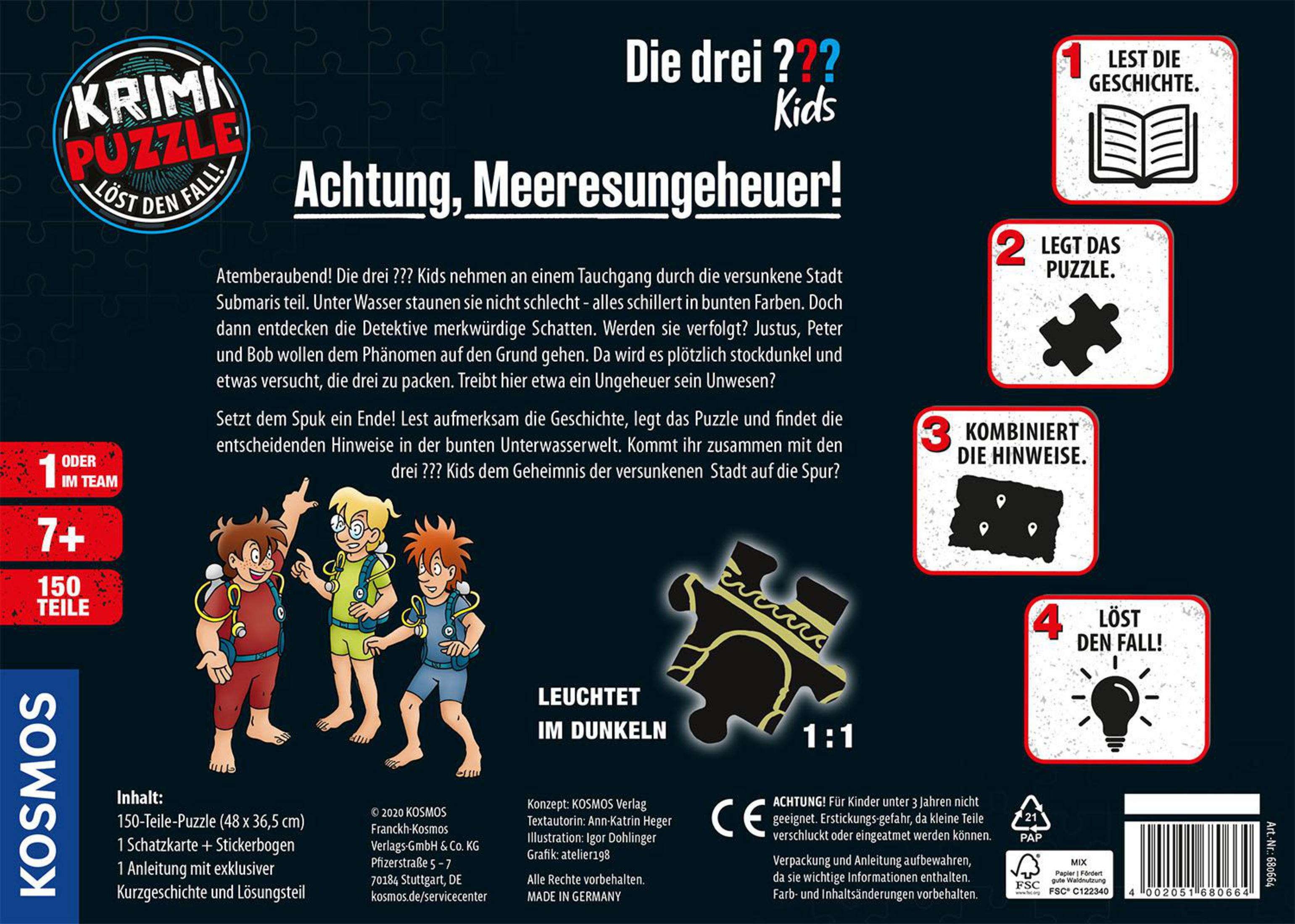 Drei Kinder in Taucheranzügen, ein Puzzle-Logo und Anleitungs-Icons.