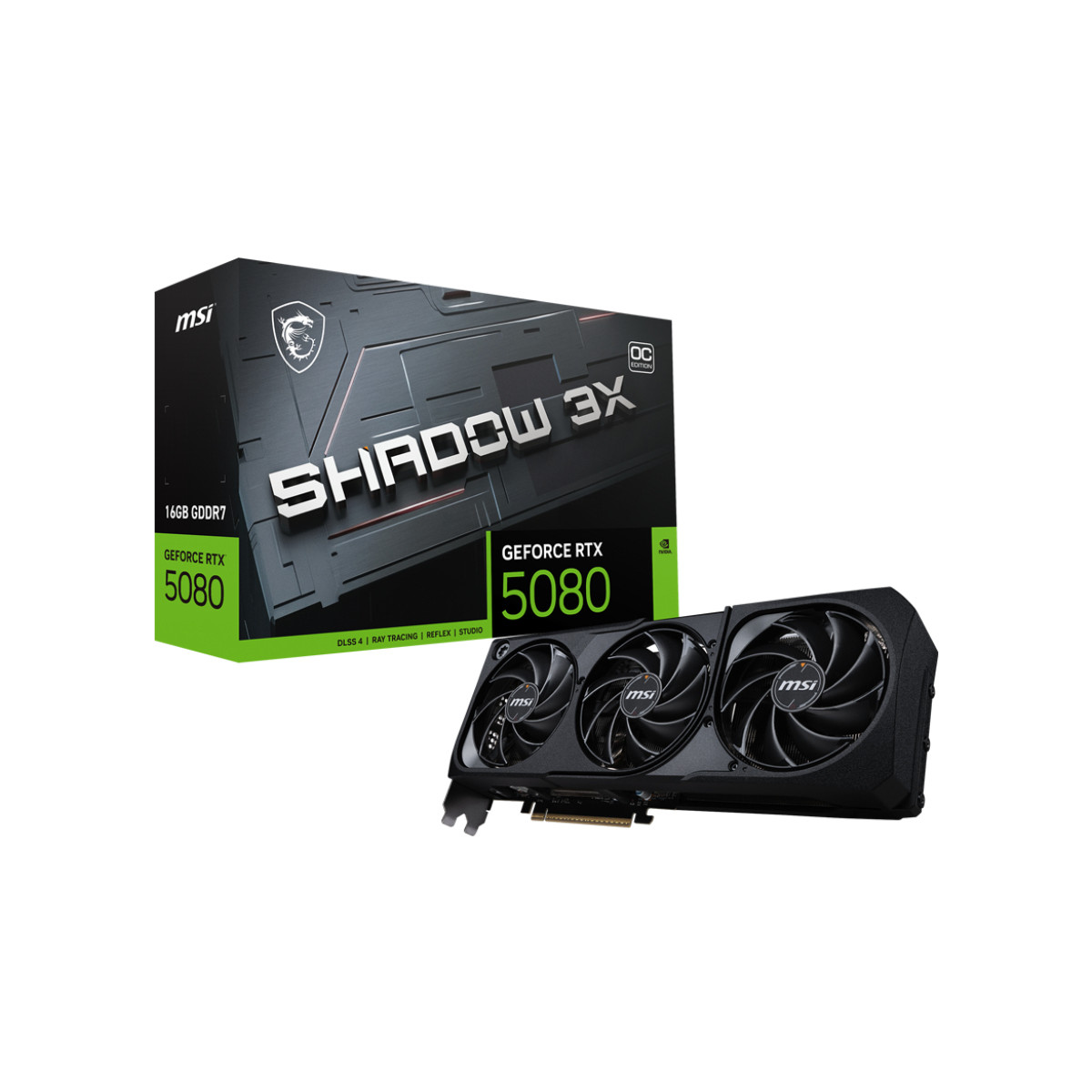 Üç fanlı MSI GeForce RTX 5080 ekran kartı ve kutusu.