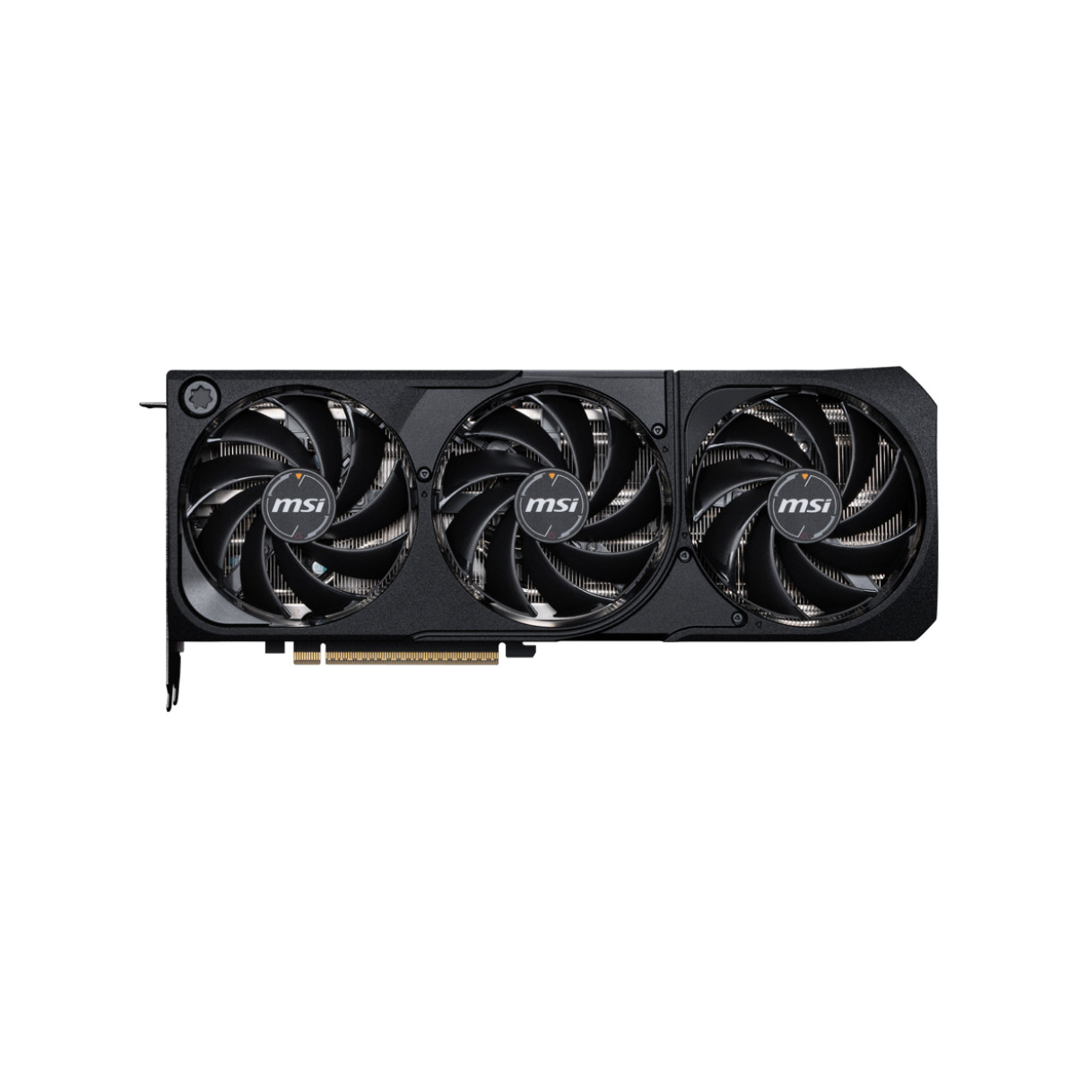 Üç fanlı, gümüş renkli konektörlere sahip siyah MSI grafik kartı.