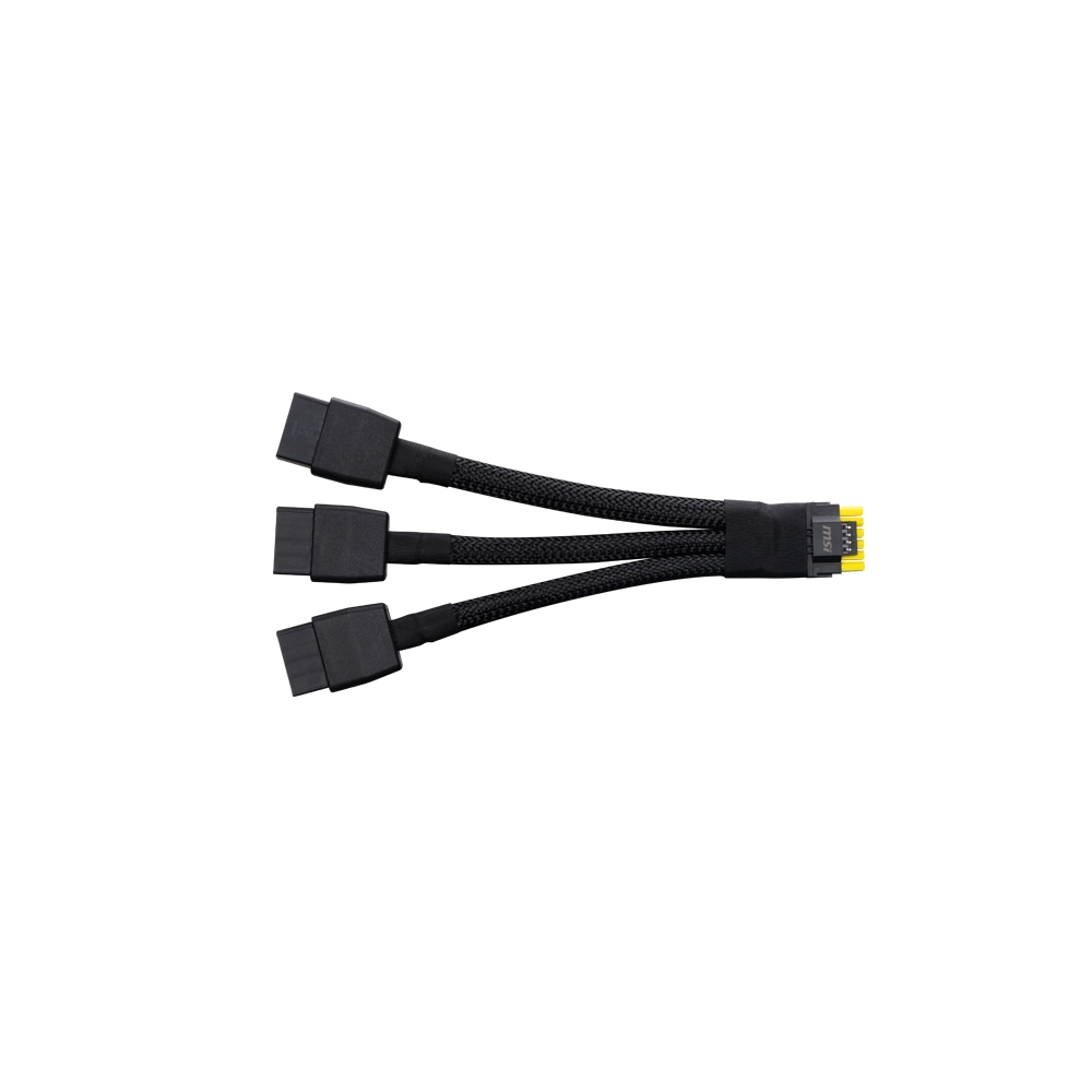 Bir ucunda üç, diğer ucunda bir konektör bulunan siyah MSI güç adaptör kablosu.