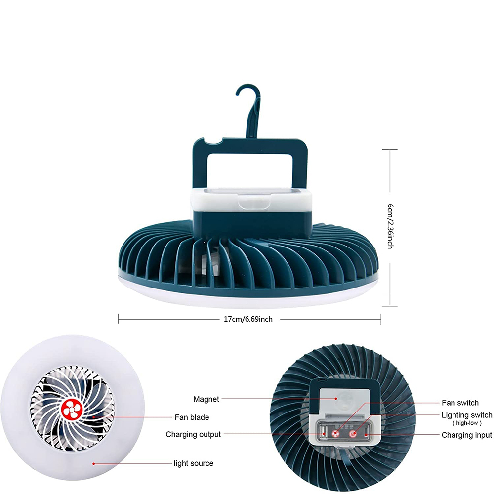 Ein tragbarer Ventilator mit Hängehaken und Lichtquelle. Maße 17x6cm.