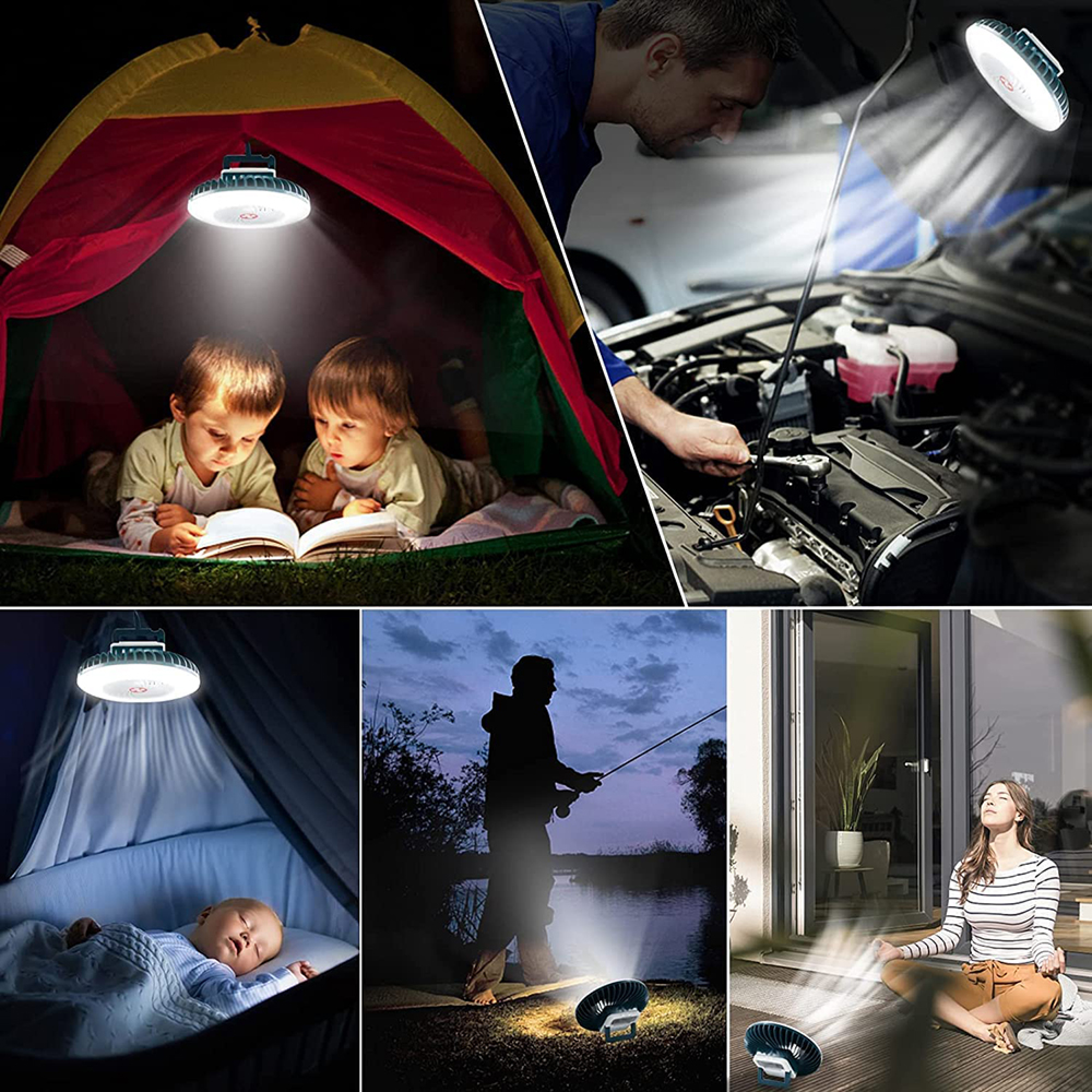 Collage zeigt Licht im Einsatz: Kinder lesen im Zelt, Mechaniker am Auto, Baby schläft, Angler, Frau meditiert.