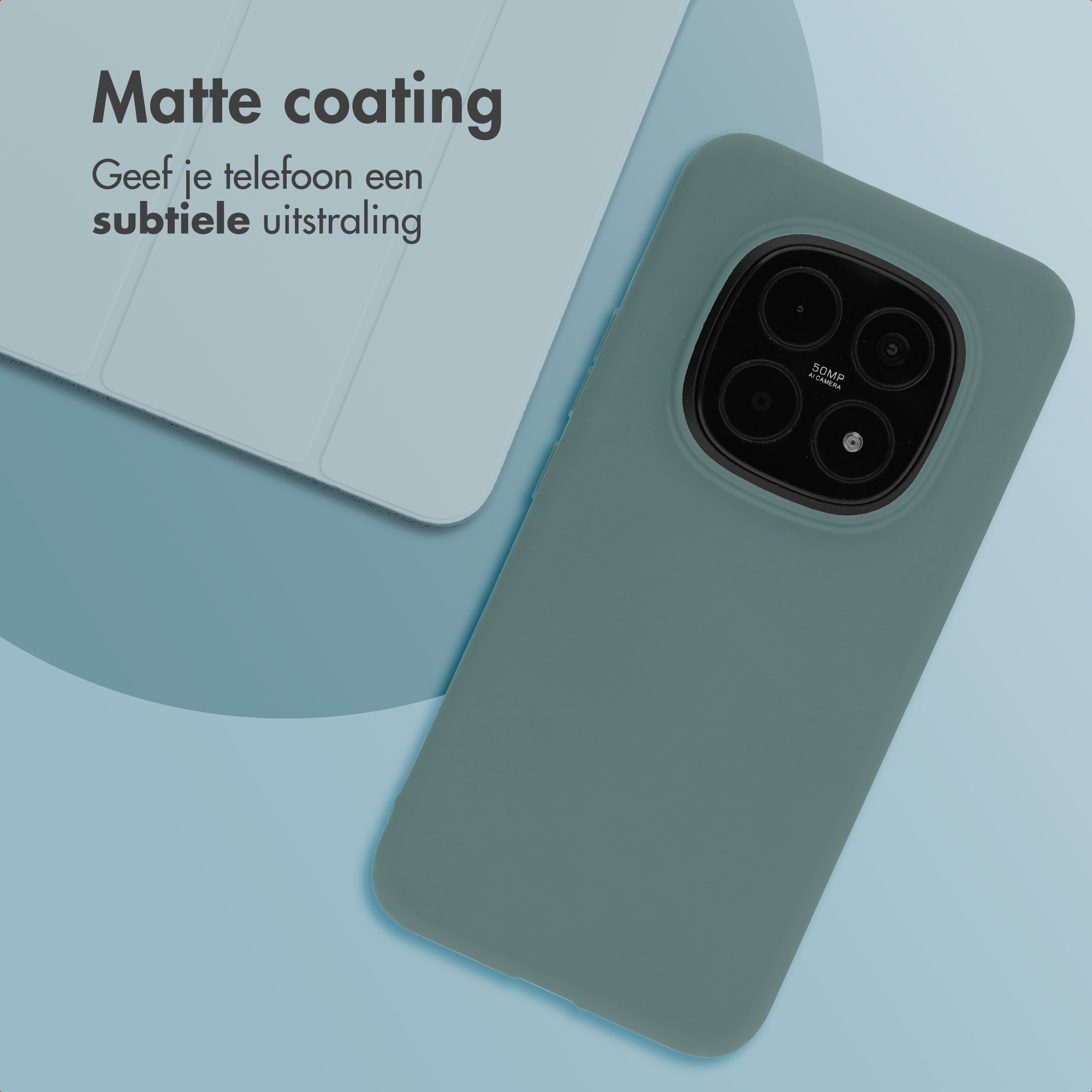 Green phone case with quad camera on a light blue background.