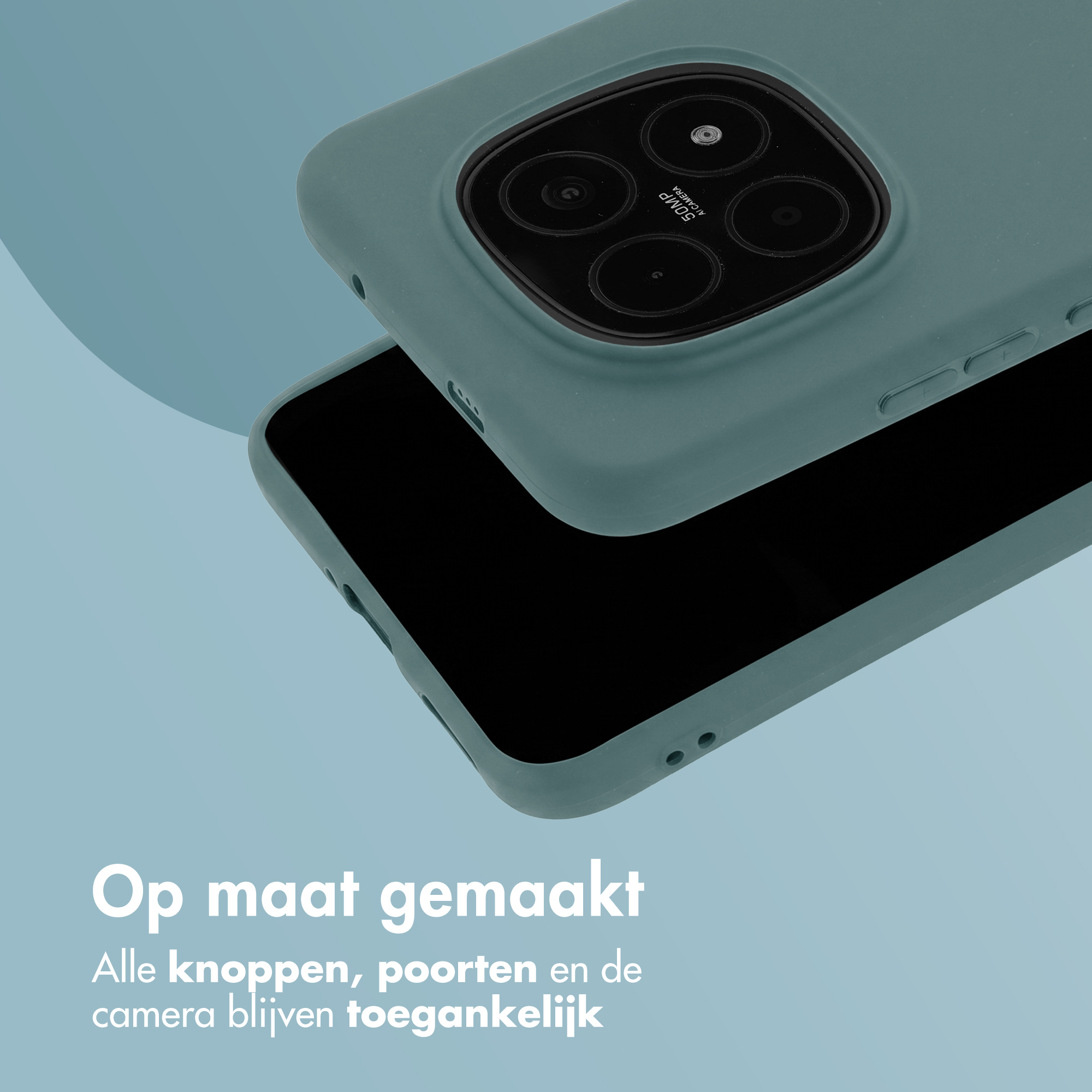 A teal phone case with camera lenses on a blue background.