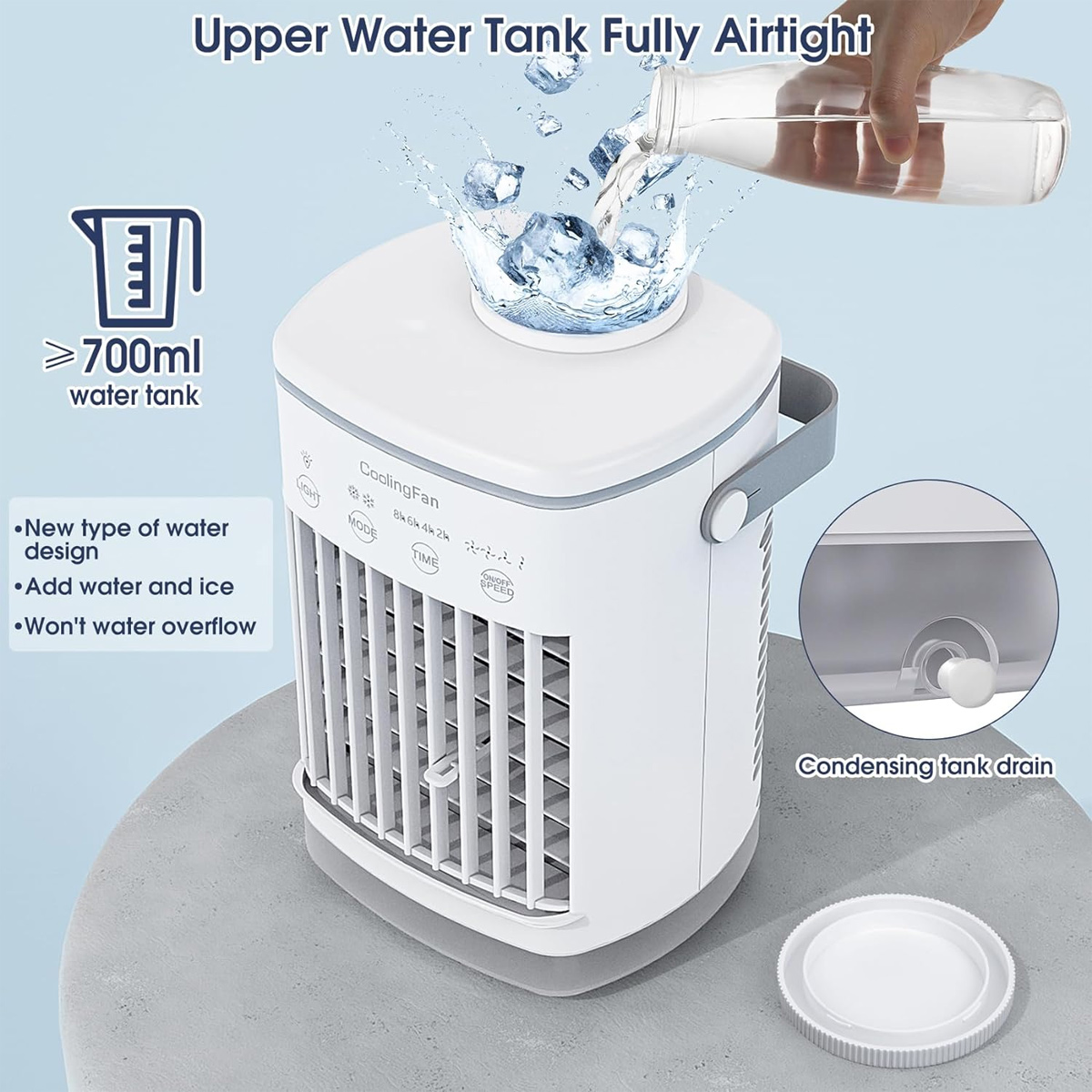 Ein weißer Ventilator mit einem großen Wassertank, in den Wasser und Eis gegossen werden.