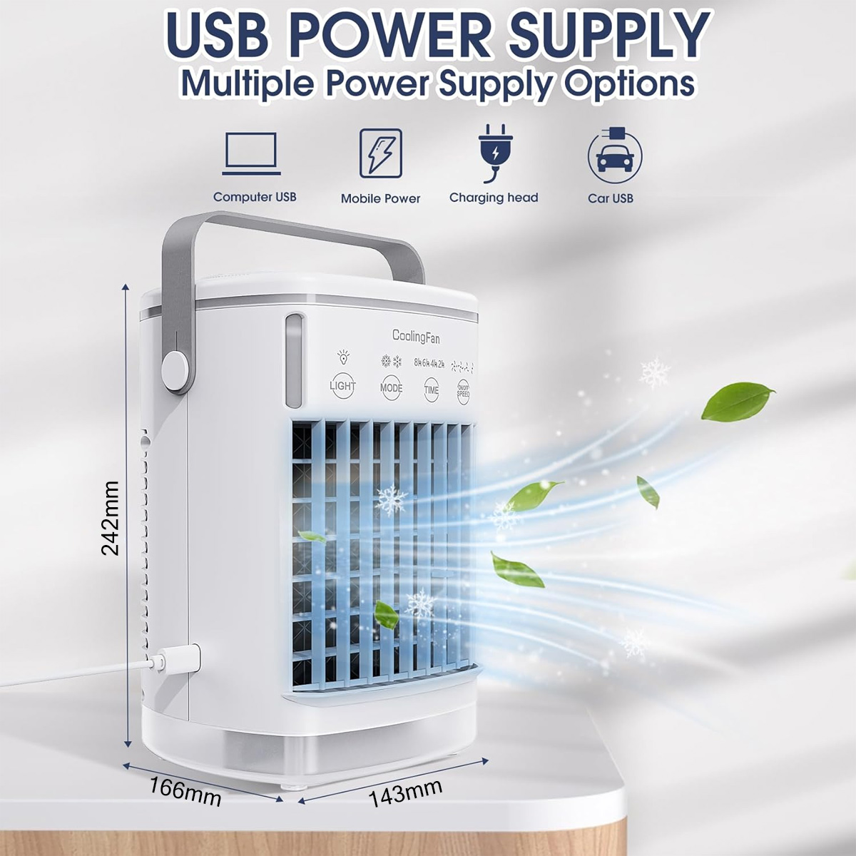 Ein weißer tragbarer USB-Kühllüfter mit Bedienelementen und Luftstrom.