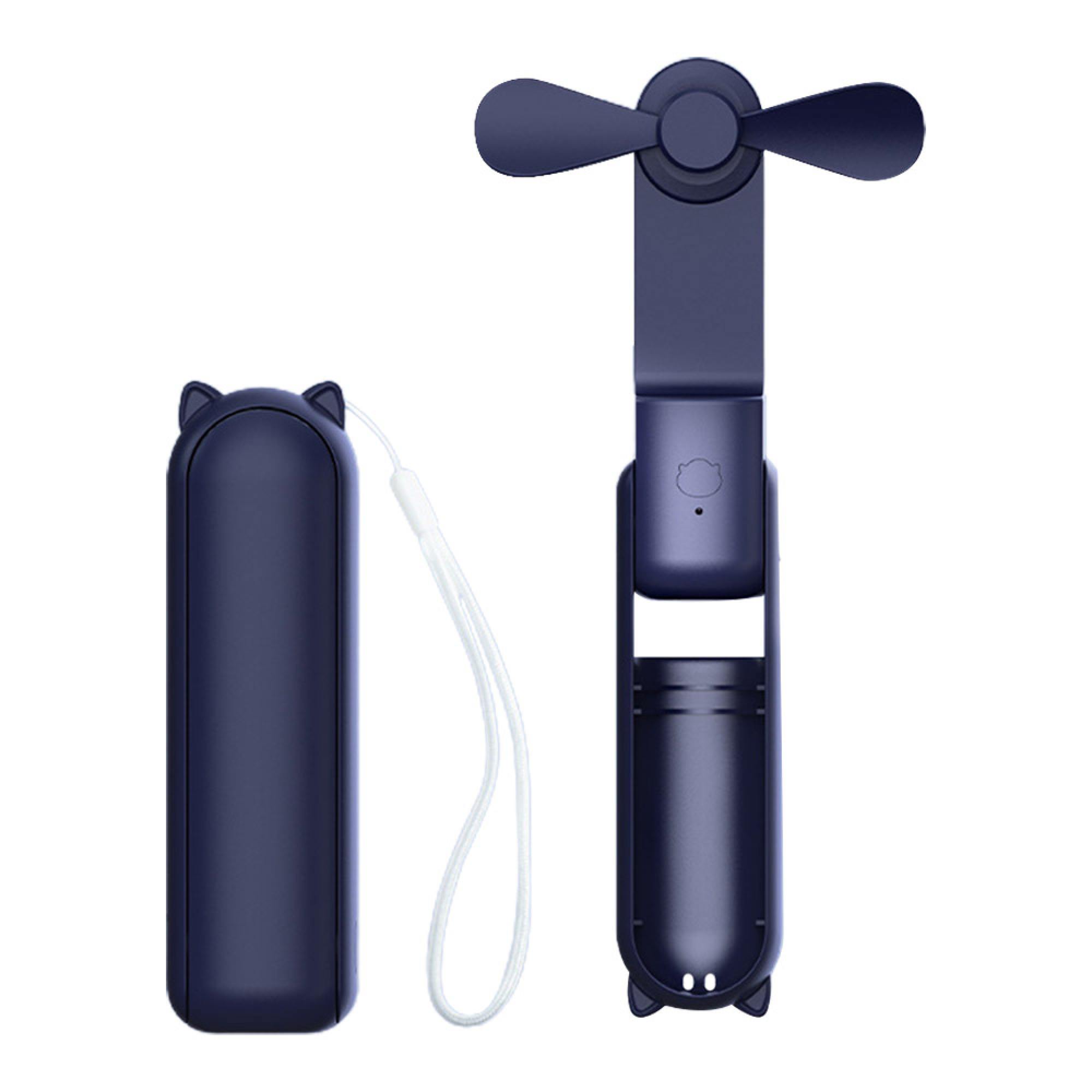 Ein dunkelblauer, zusammenklappbarer Ventilator mit Katzenohren-Design, neben seinem Etui.