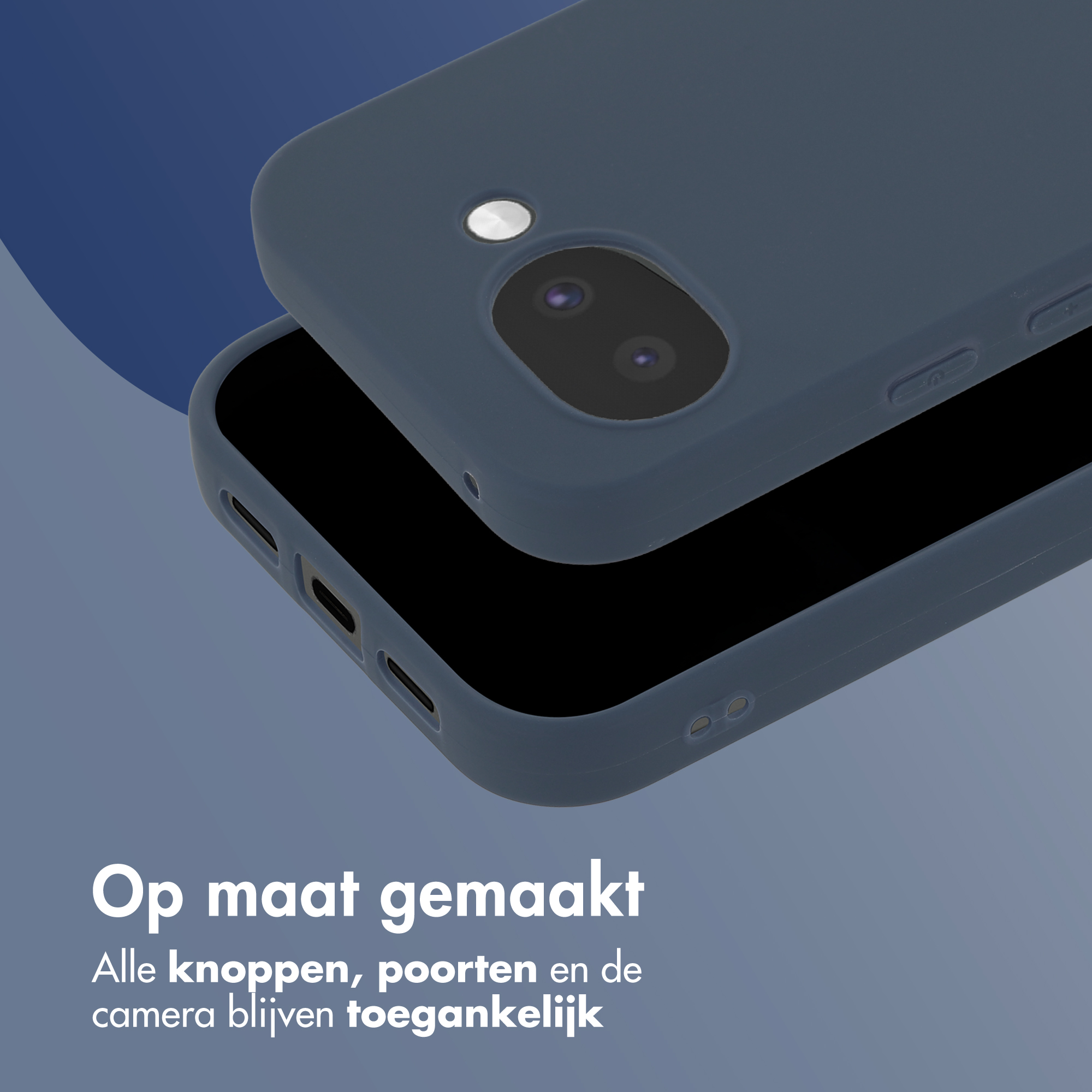 Donkergrijze telefoonhoes met camera-uitsparing en poorten voor opladen.