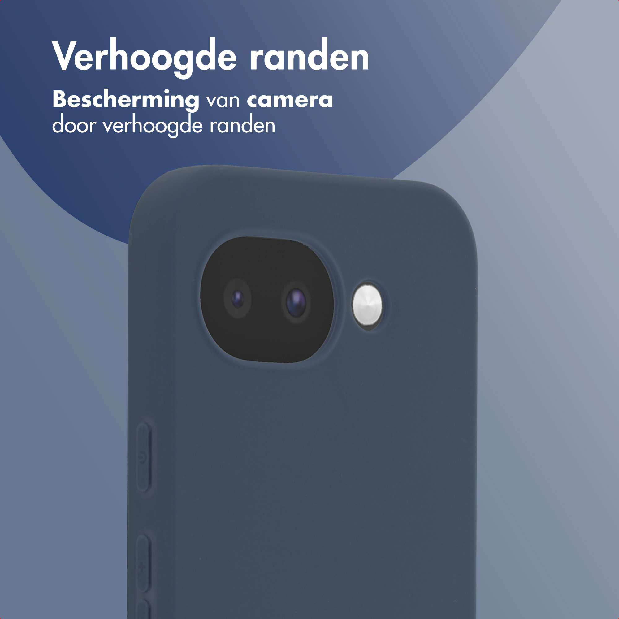 Donkerblauw telefoonhoesje met verhoogde randen en cameramodule.