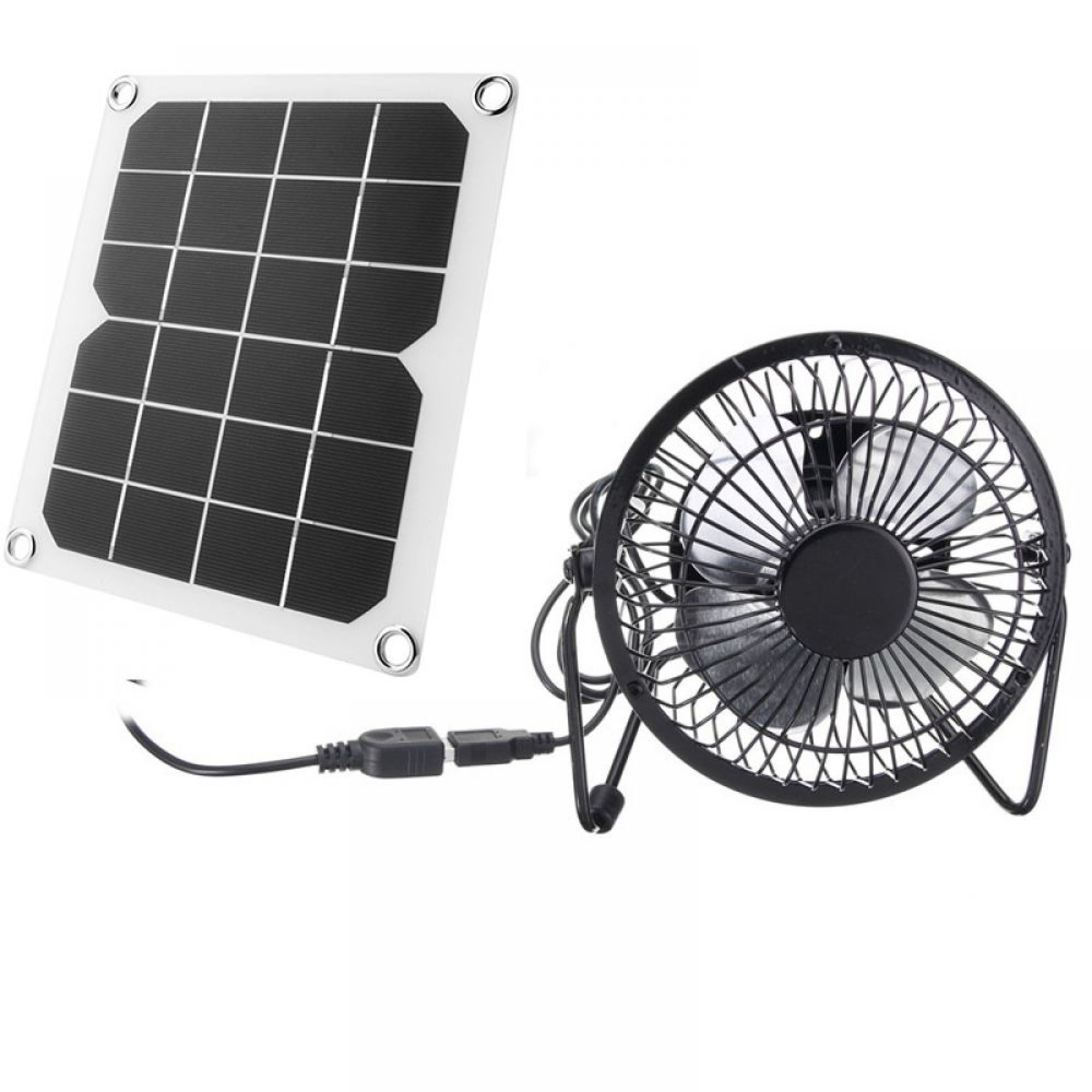 Ein Solarpanel ist mit einem kleinen schwarzen Ventilator über ein USB-Kabel verbunden.