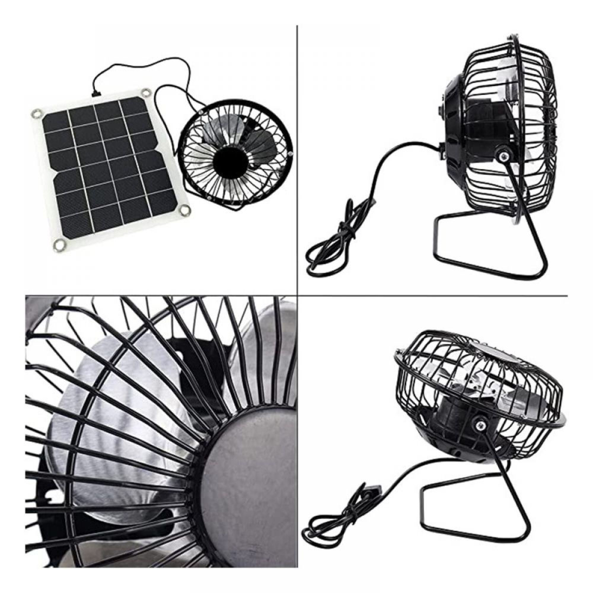 Ein kleiner schwarzer Ventilator mit einem Solarpanel, verbunden durch ein Kabel.