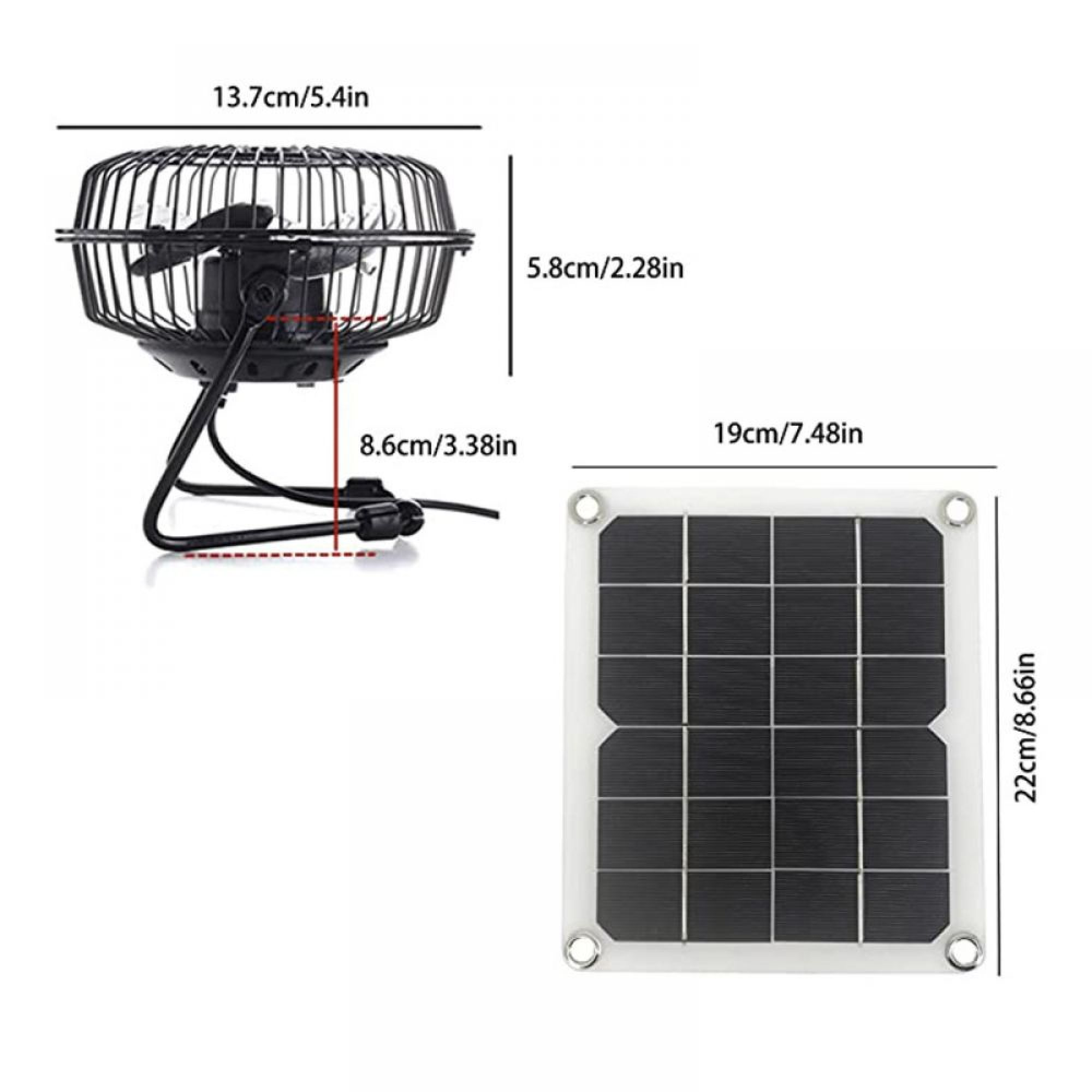 Ein kleiner schwarzer Lüfter und ein rechteckiges Solarpanel mit Maßen.