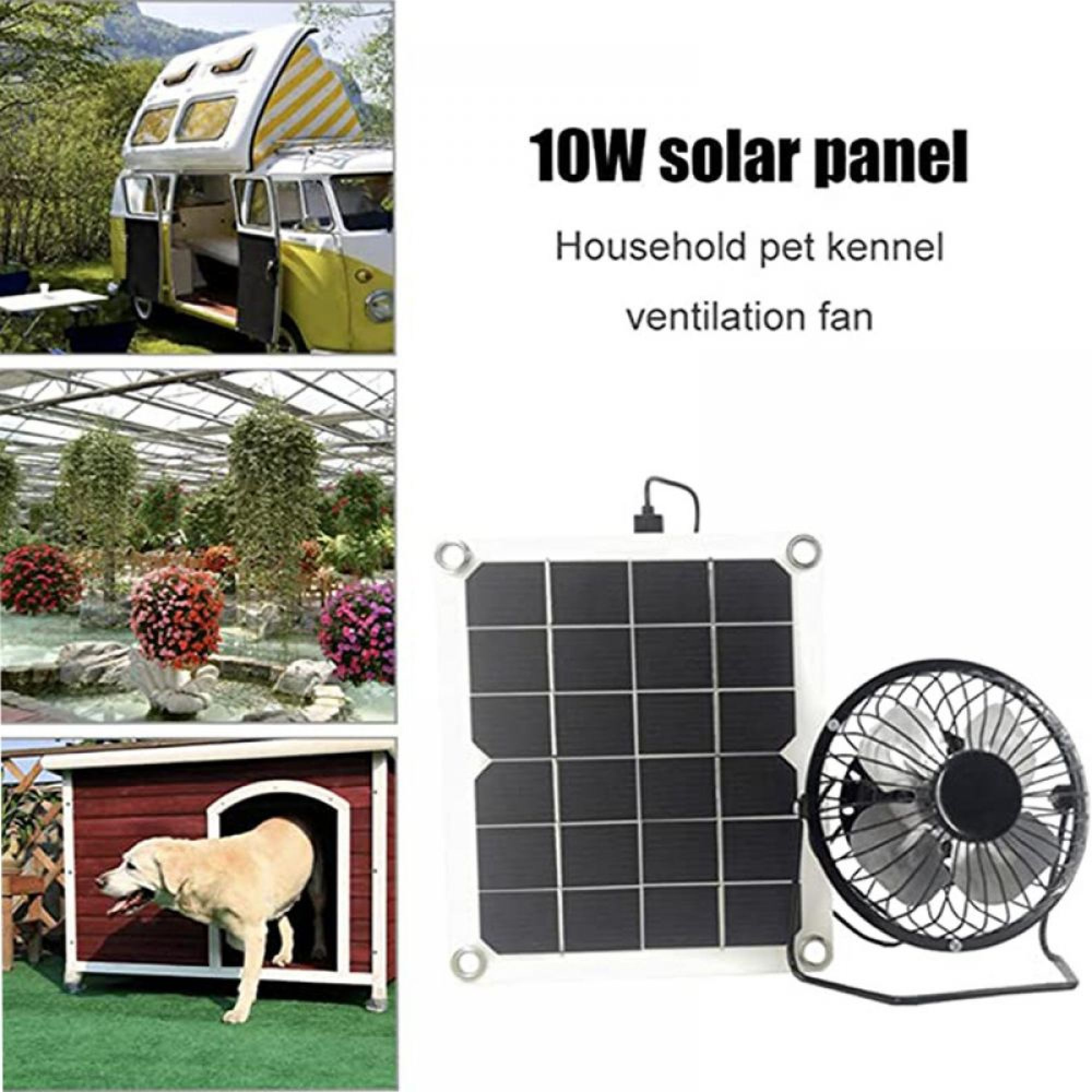 Ein 10W Solarpanel und ein Lüfter für Hundehütten sind abgebildet. Auch ein Camper und ein Gewächshaus.