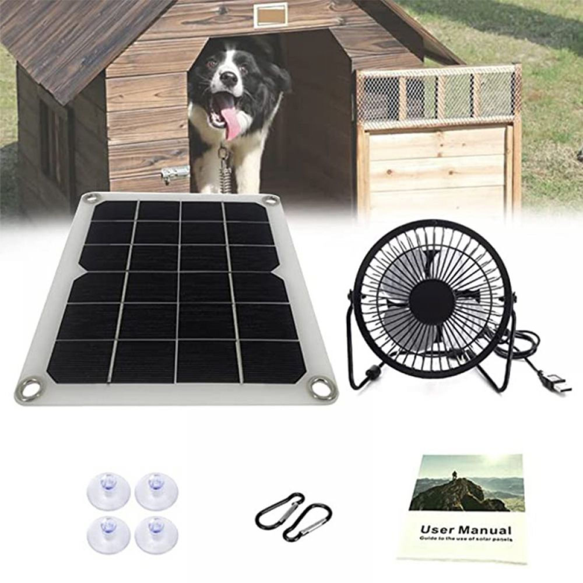 Ein Hund sitzt in einem Holzhaus, daneben ein Solarpanel, ein Ventilator und Zubehör.