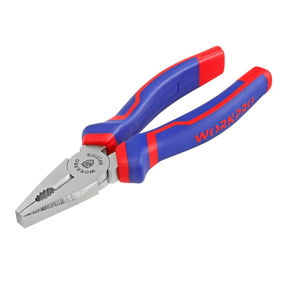 WORKPRO markalı, mavi ve kırmızı saplı, metal çeneli bir uzun burunlu pense.