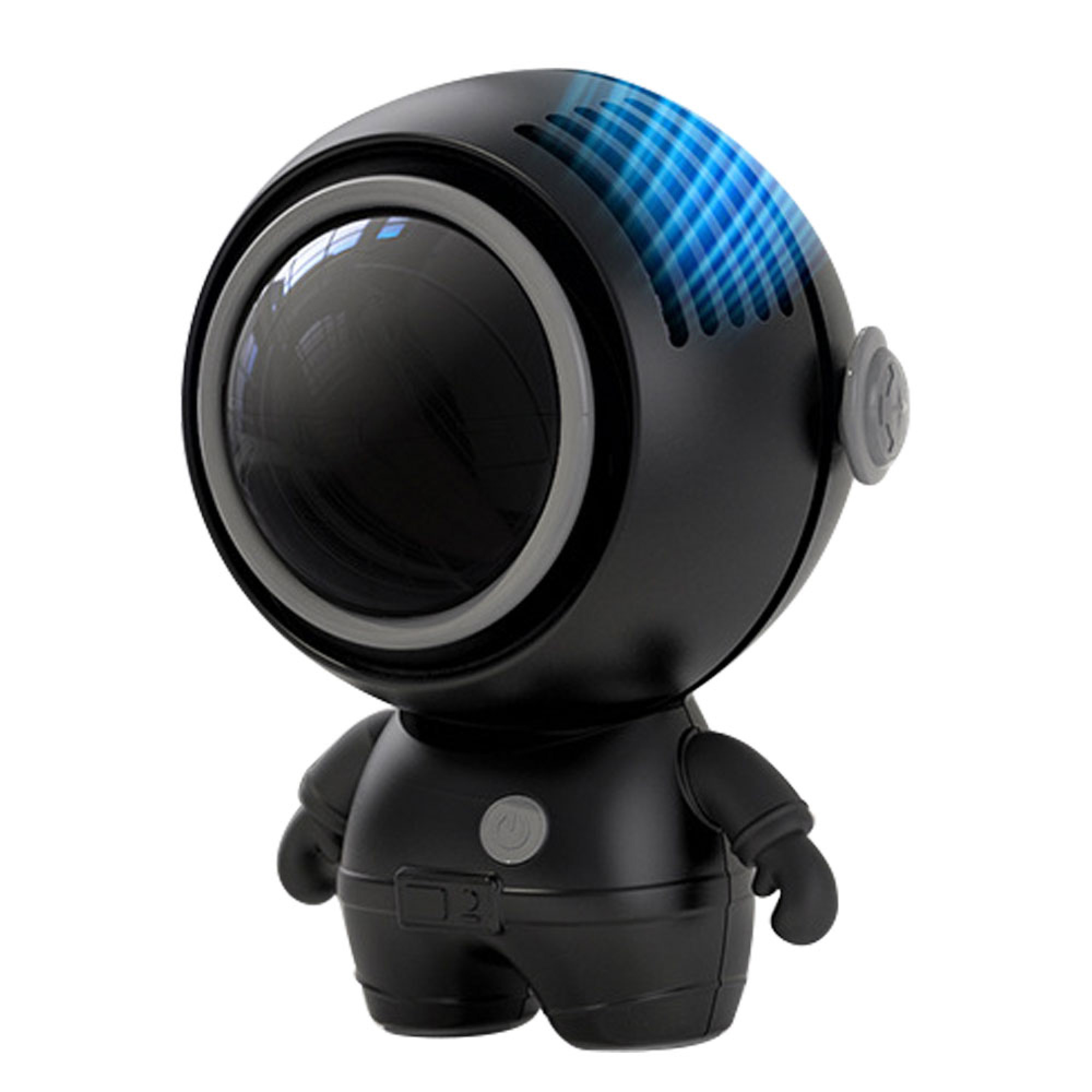 Ein schwarzer Roboter mit einem runden Kopf und blauen Lichtern.