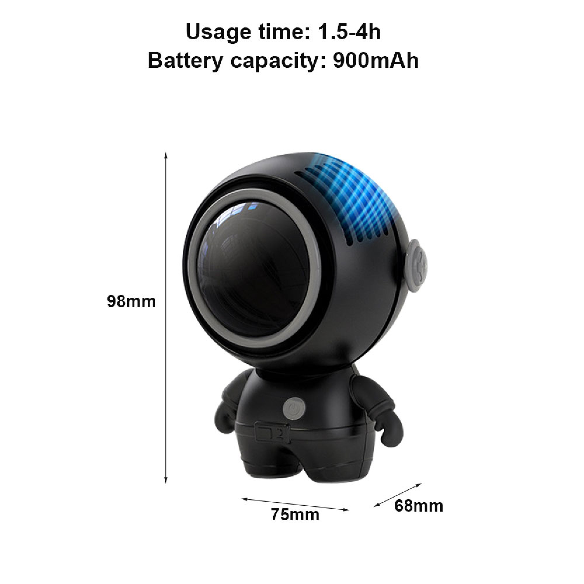 Schwarzer Roboter mit blauem leuchtendem Kopf, 98mm hoch, 75mm breit.