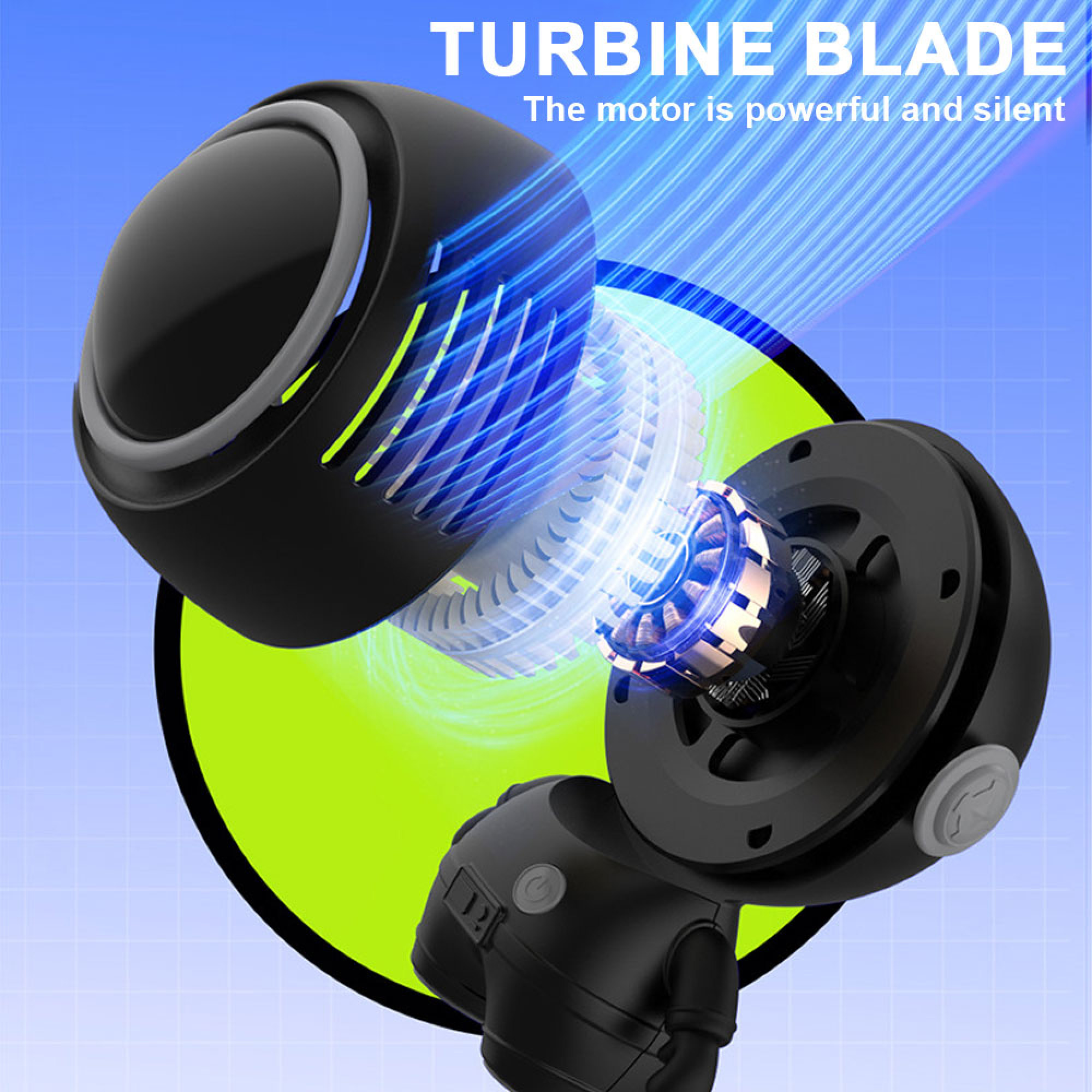 Detailansicht eines schwarzen Turbinenventilators mit blauem Luftstrom.