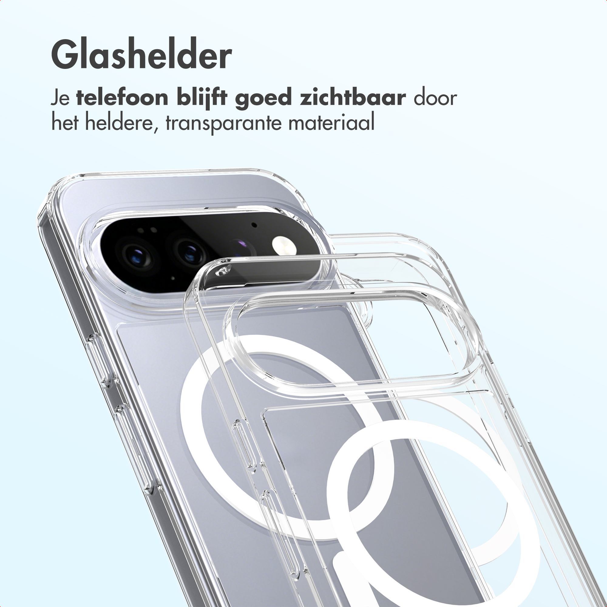 Una custodia trasparente per telefono su un telefono, su sfondo azzurro.