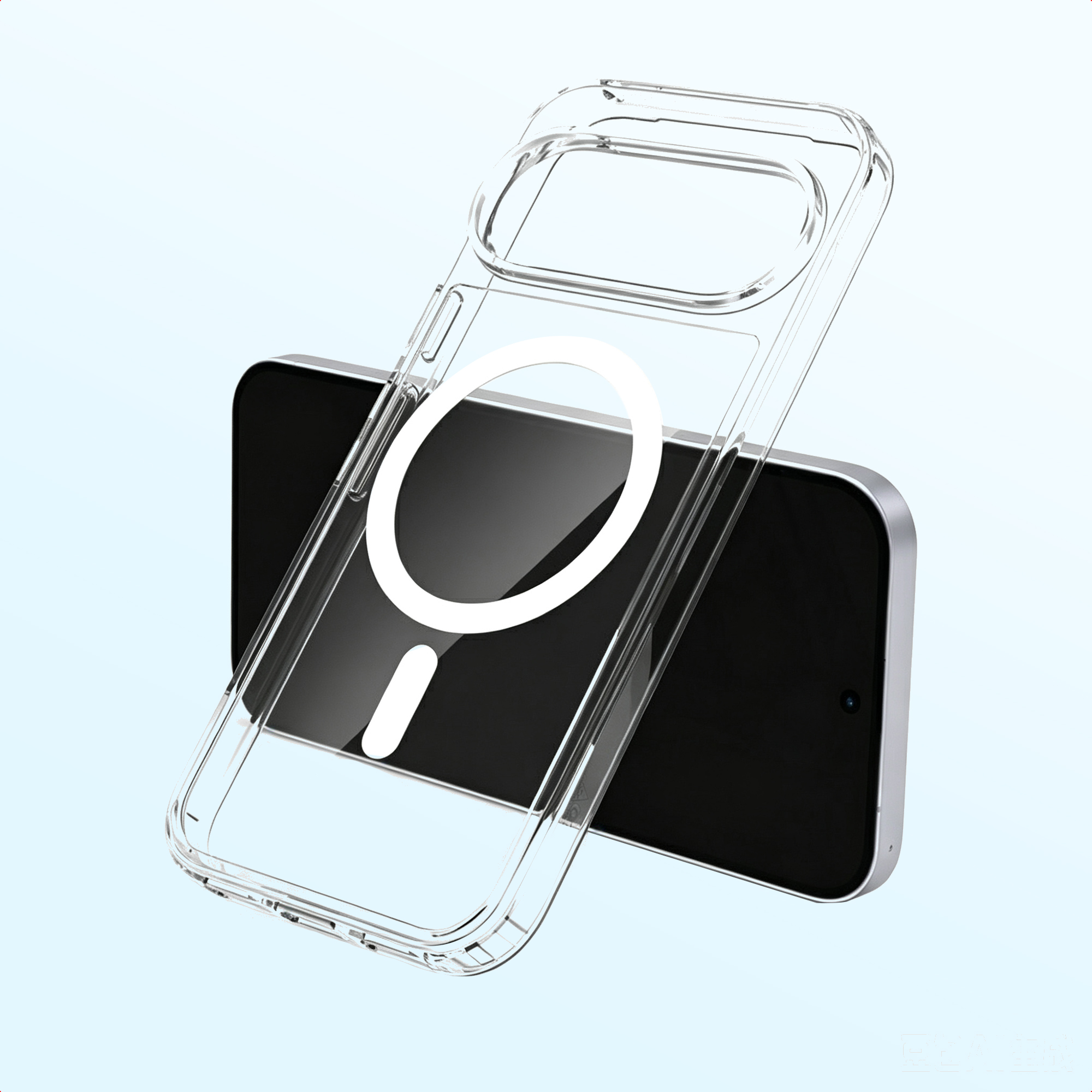 Cover trasparente per telefono con anello magnetico bianco su telefono nero.