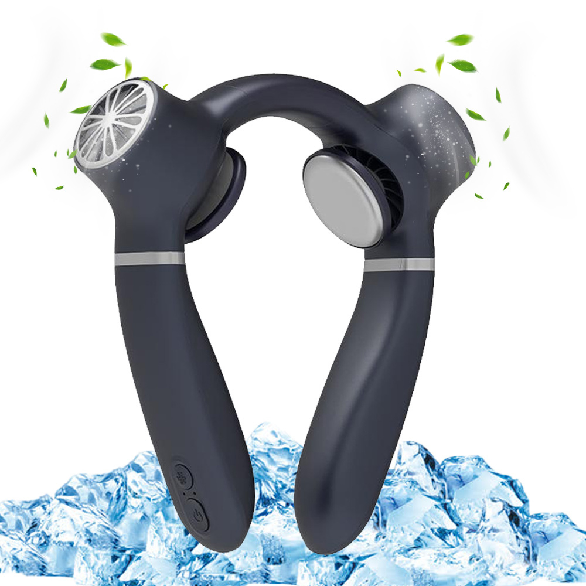 Ein dunkler Nackenventilator mit Eiswürfeln und grünen Blättern.