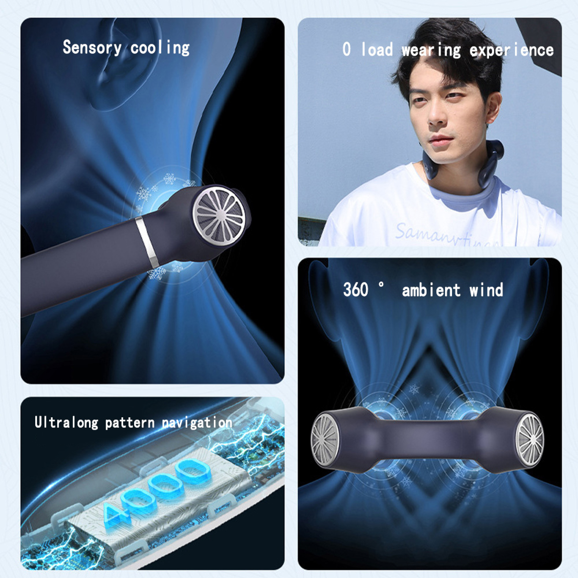 Ein Mann trägt einen Nackenventilator, der für sensorische Kühlung und 360° Wind sorgt.
