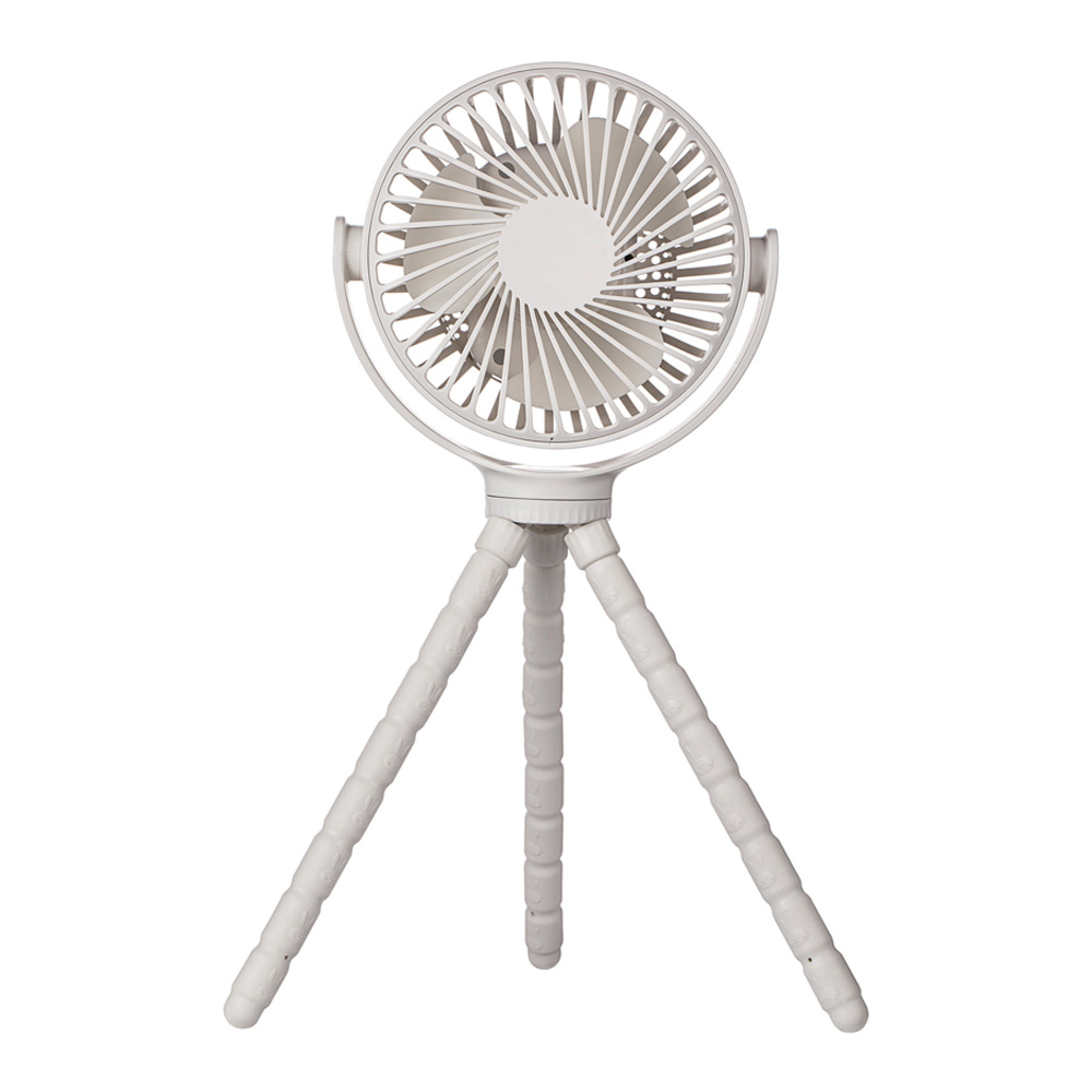 Ein weißer Tischventilator auf einem flexiblen Stativ mit drei Beinen.