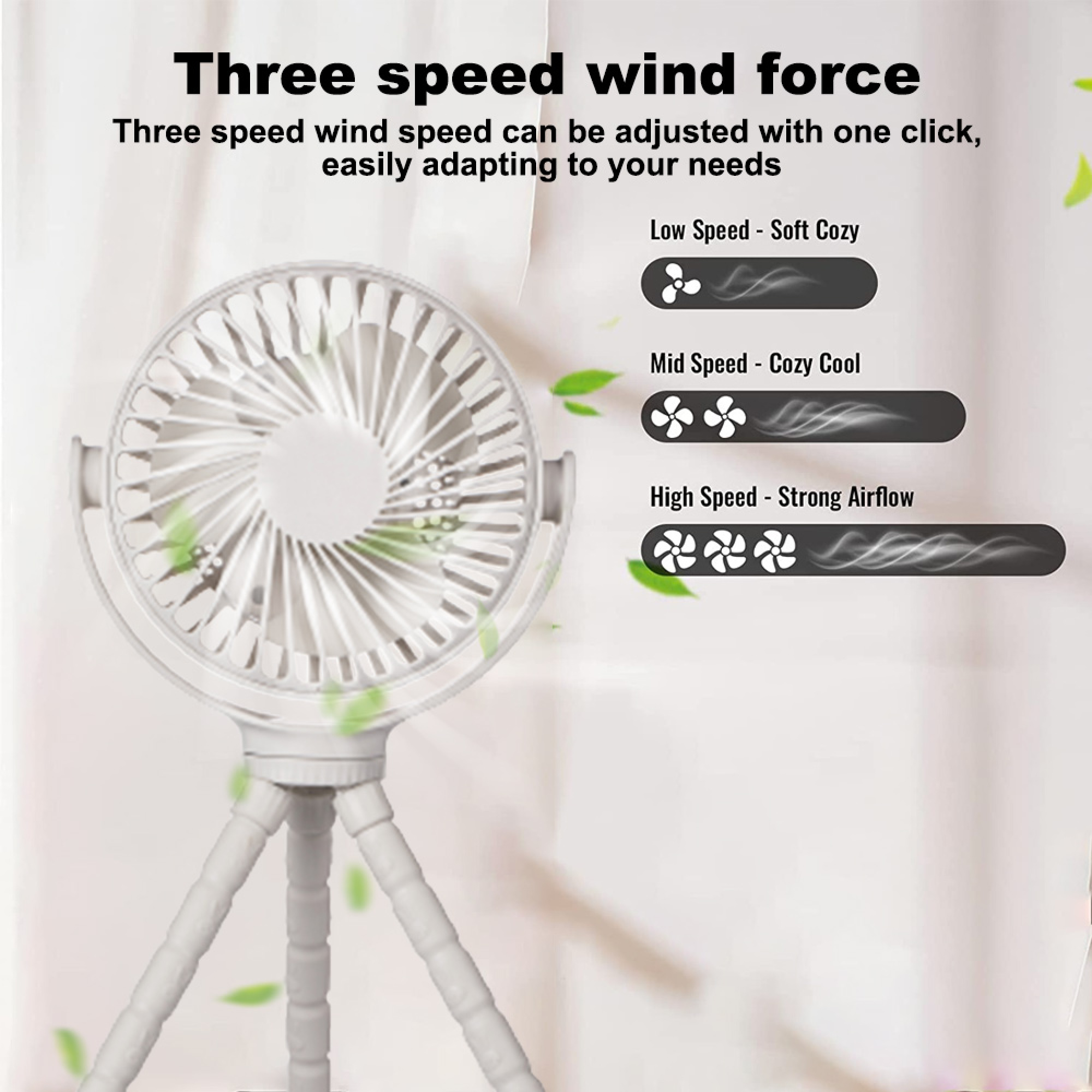 Ein kleiner weißer Ventilator mit drei Geschwindigkeiten auf einem Stativ mit flexiblen Beinen.