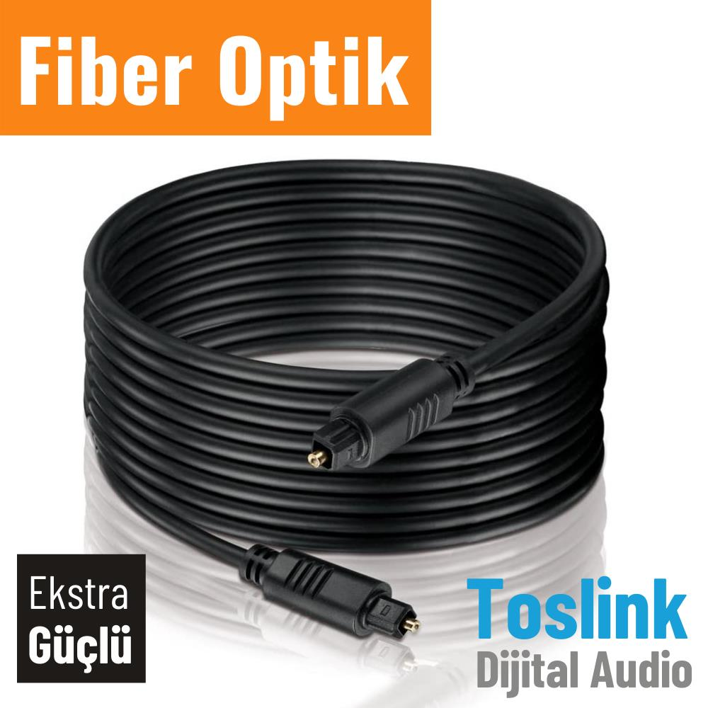 Bağlantı uçlu siyah Toslink kablosu sarılı. Üstte 'Fiber Optik' yazısı.