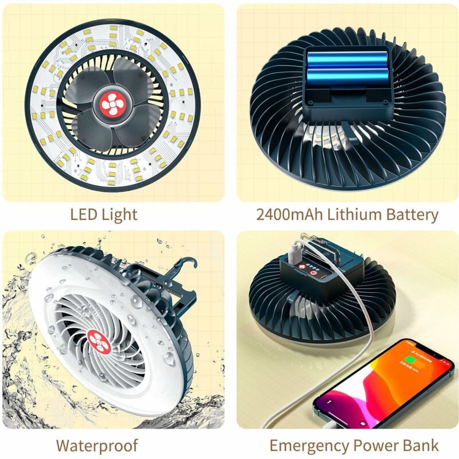 Ein tragbares Gerät mit LED-Licht, Batterie, Wasserschutz und Powerbank-Funktion.