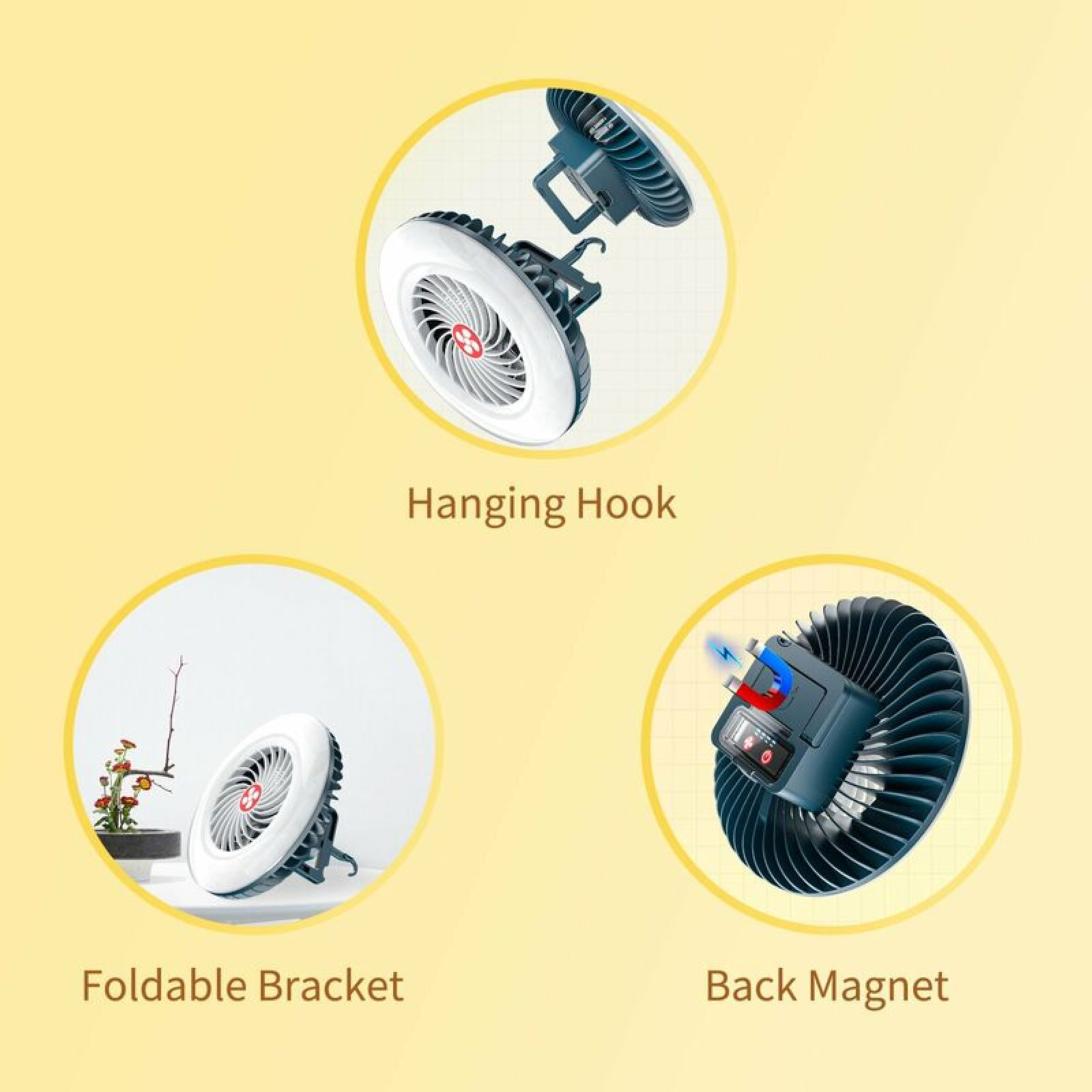 Ein Ventilator mit Hängehaken, faltbarem Ständer und Magneten.