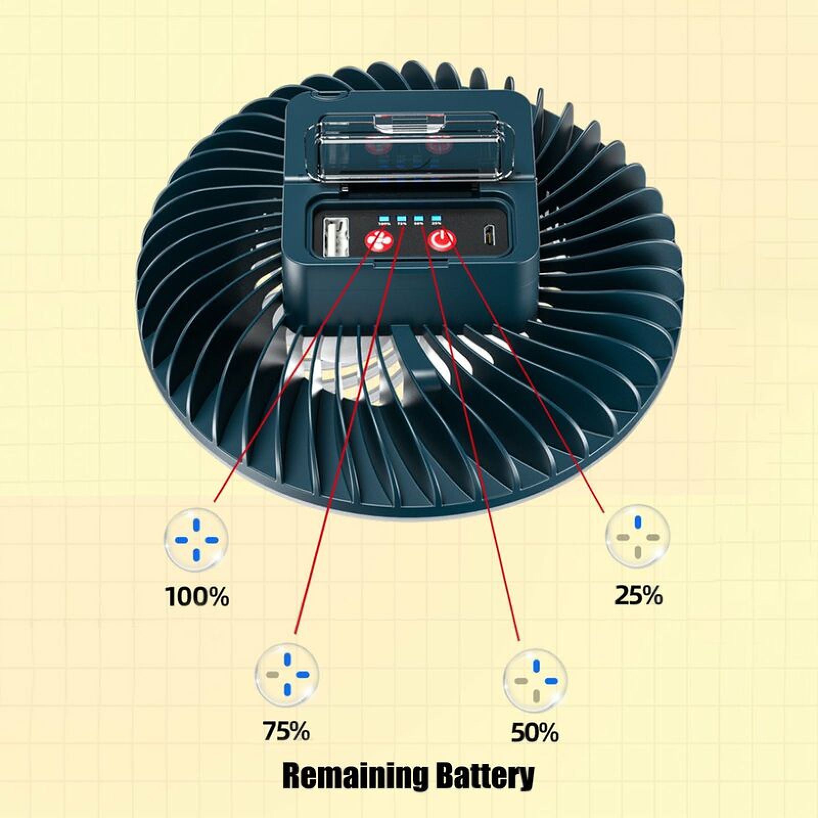 Ein dunkler Lüfter mit Ladeanzeige und Batteriestatus von 100%, 75%, 50% und 25%.