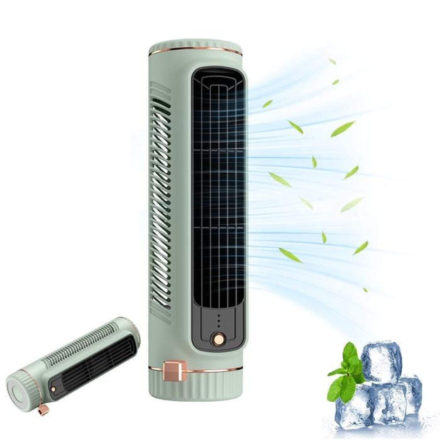 Ein vertikaler Ventilator mit Eiswürfeln und Minze, der kühle Luft ausstößt.