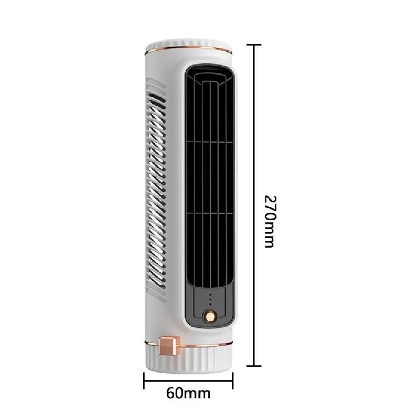 Weißer Turmventilator mit schwarzen Lüftungsschlitzen und Kupferakzenten, 270mm hoch.
