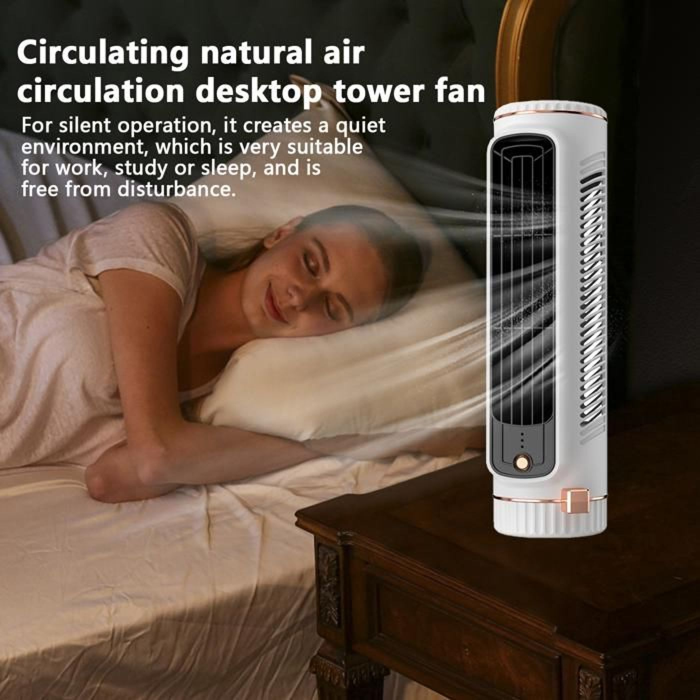 Ein weißer Turmventilator steht auf einem Nachttisch neben einer schlafenden Frau.