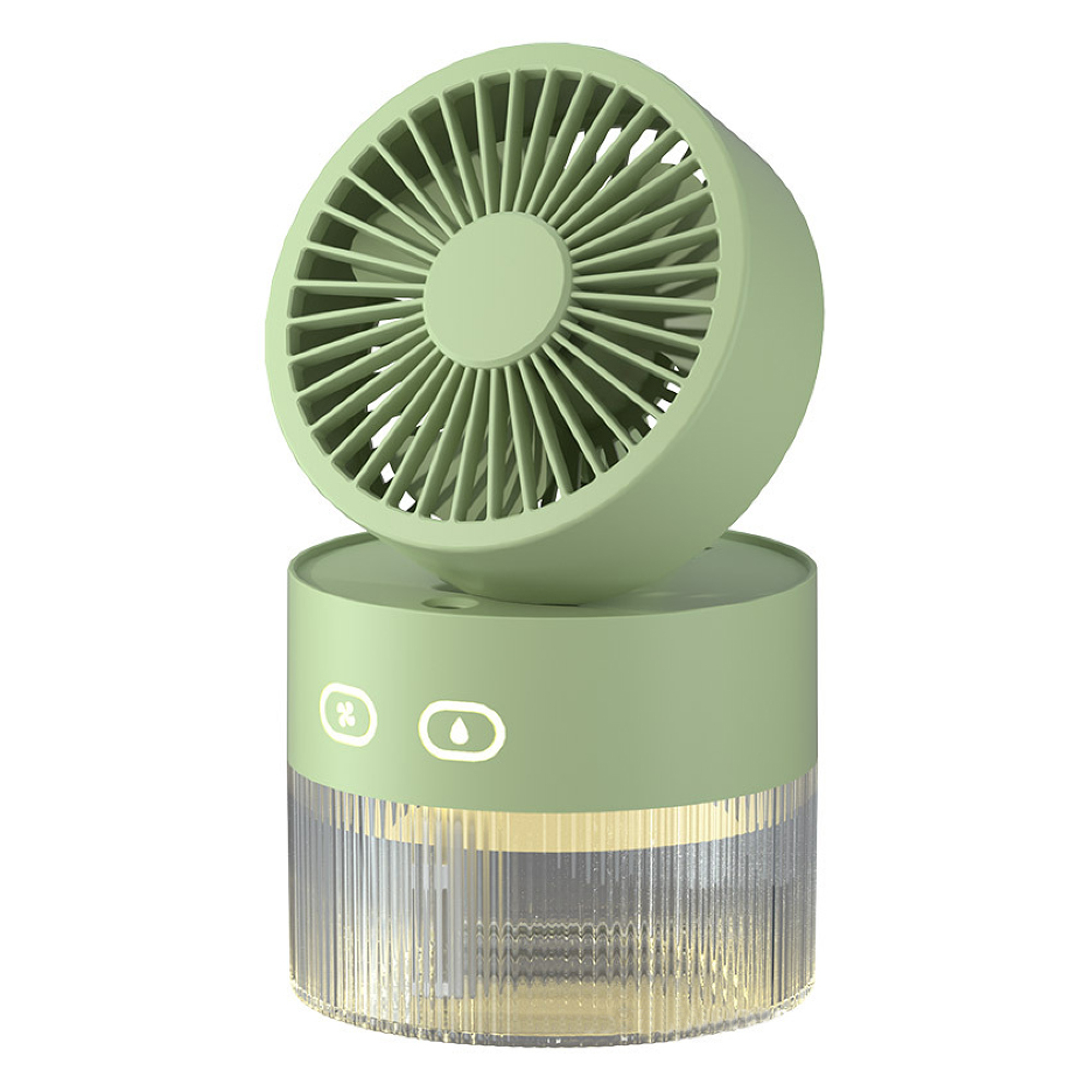 Ein kleiner, runder, grüner Ventilator mit einem transparenten Behälter.