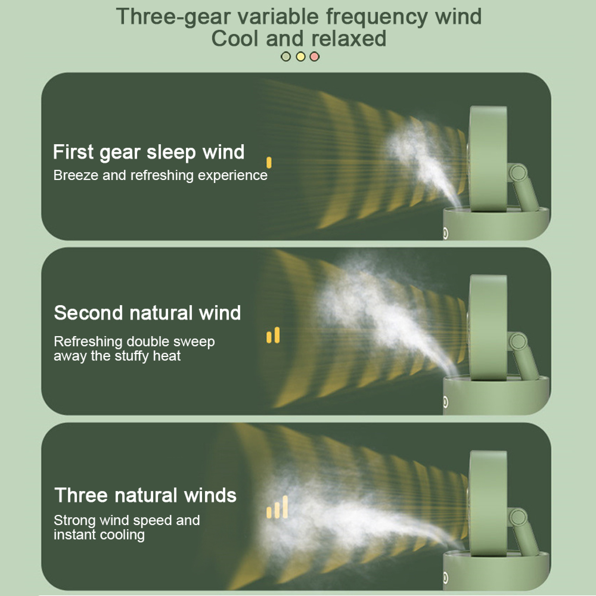 Ein grüner Ventilator mit drei Stufen: Schlaf-, Natur- und starker Wind.