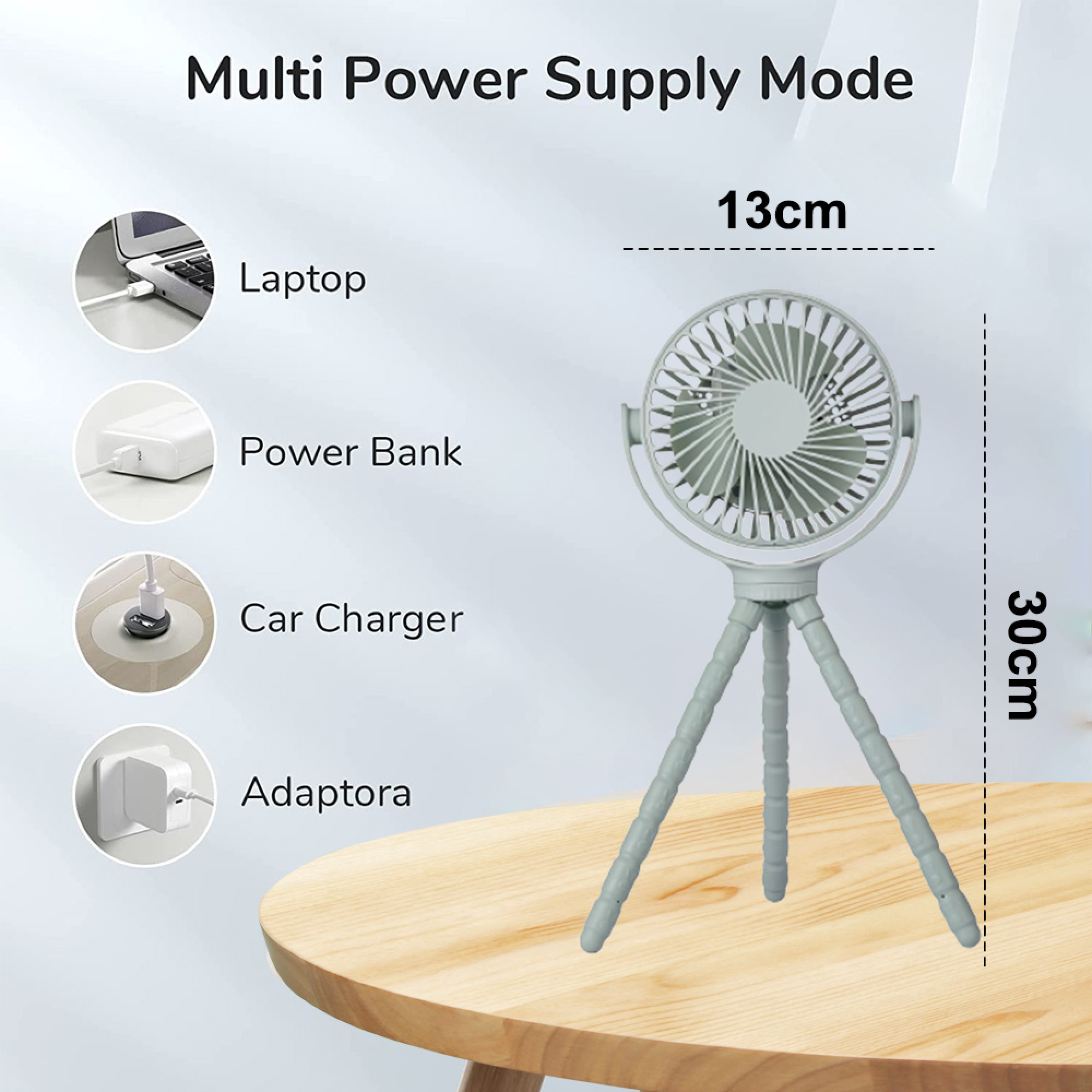 Ein kleiner, grauer Ventilator auf einem Stativ steht auf einem Holztisch. Links sind Ladeoptionen.