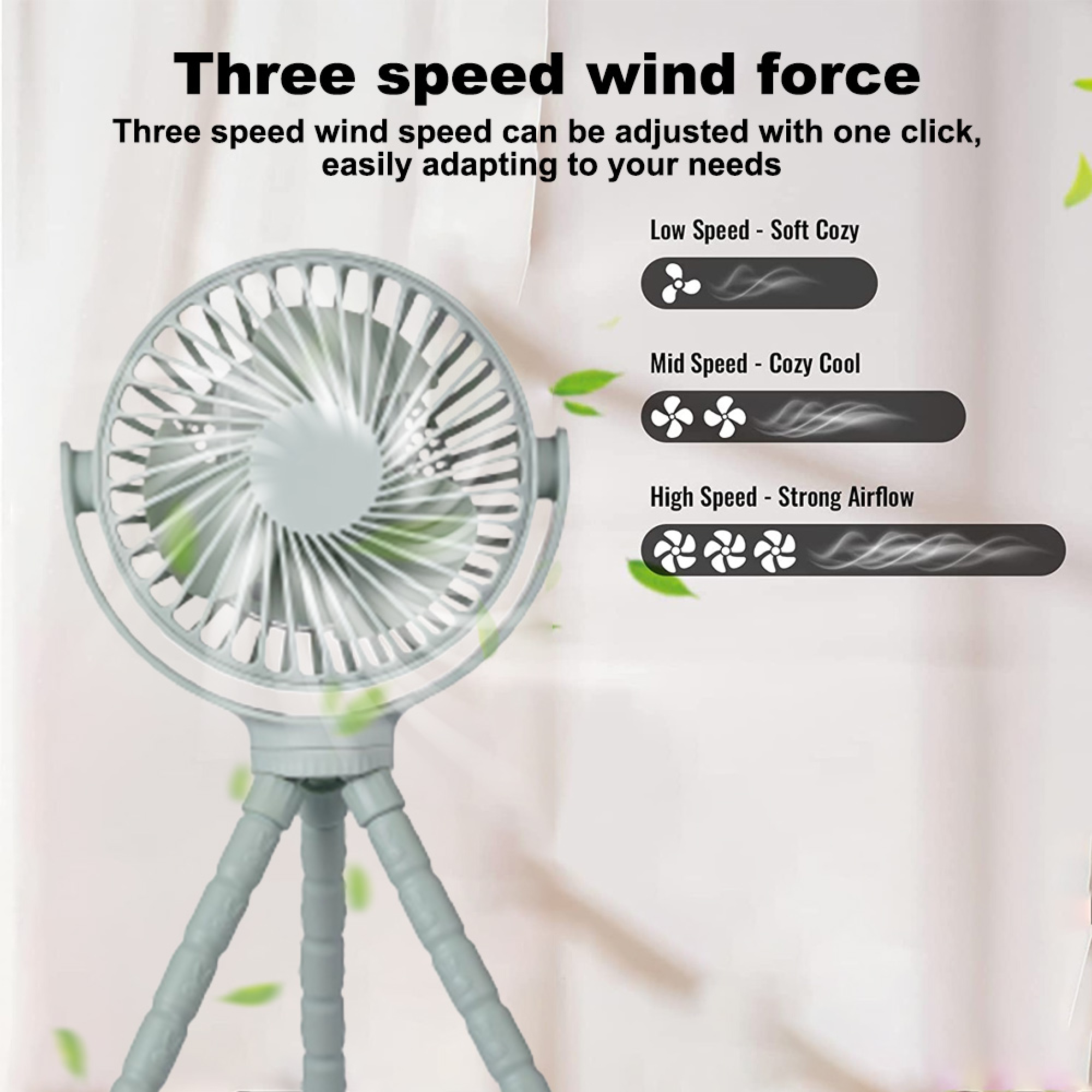 Ein grauer Ventilator mit drei Geschwindigkeiten auf einem Stativ mit flexiblen Beinen.