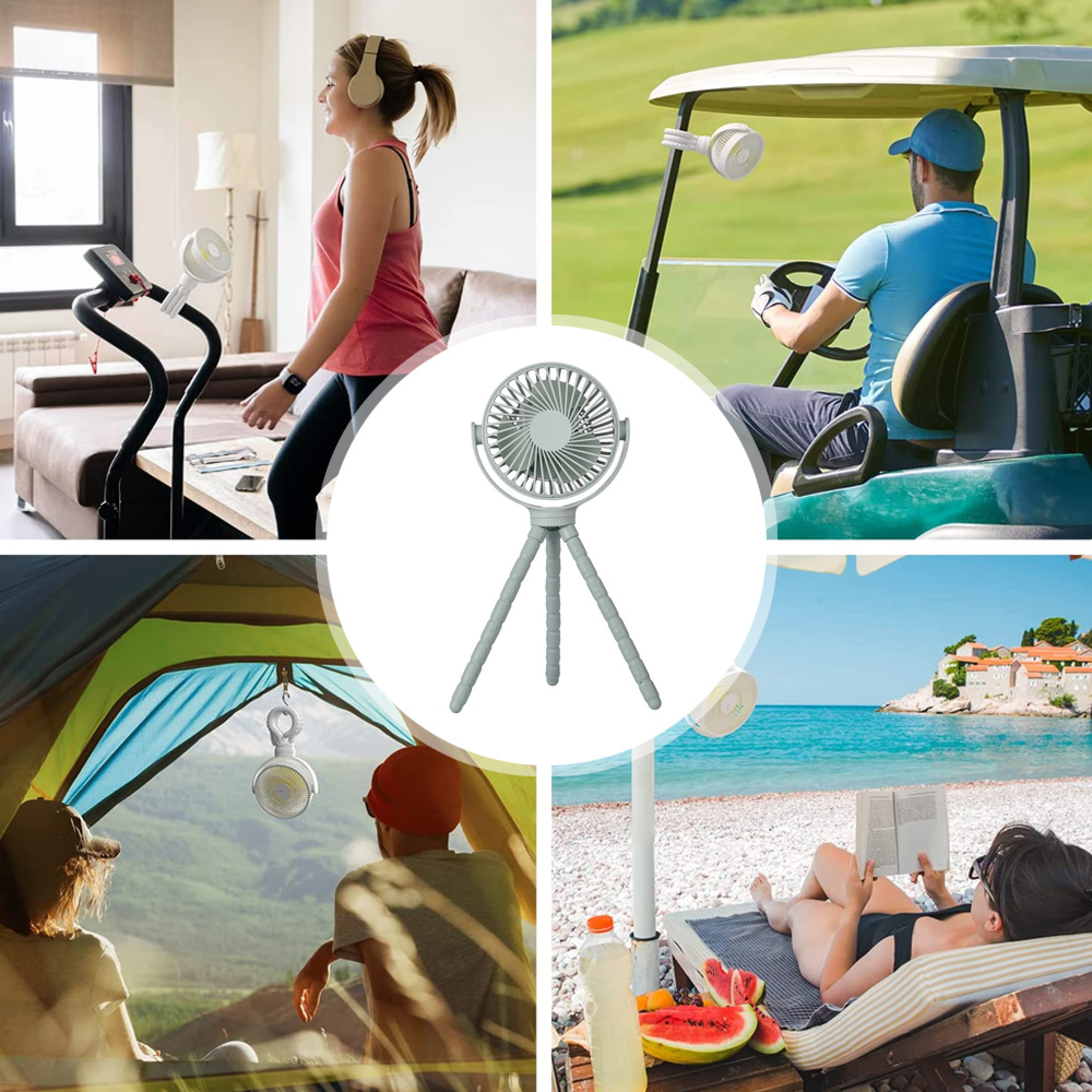 Collage zeigt einen kleinen Ventilator in verschiedenen Szenarien: Laufen, Golfen, Campen, Strand.