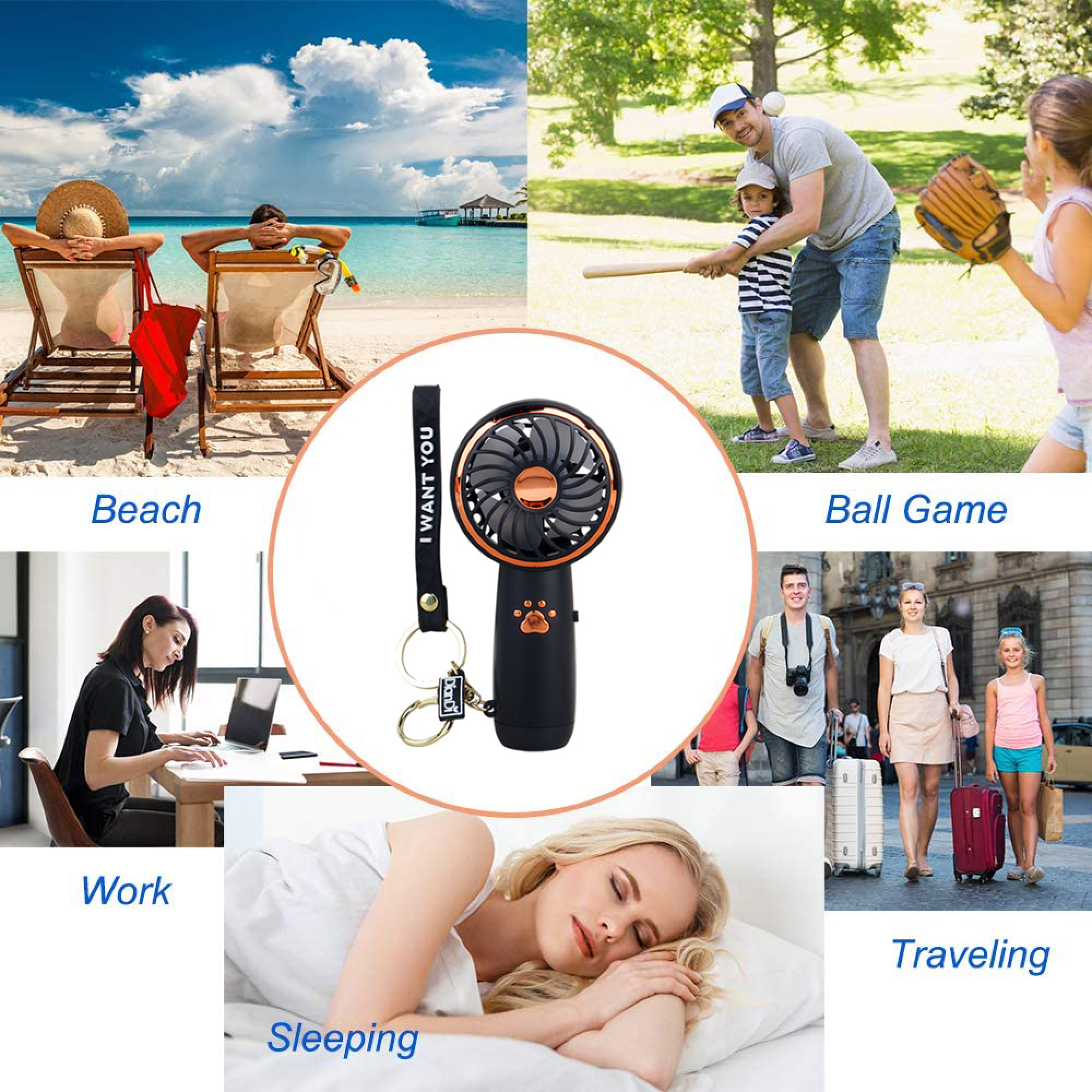 Collage: Strand, Ballspiel, Arbeit, schlafen, reisen, kleiner Ventilator.